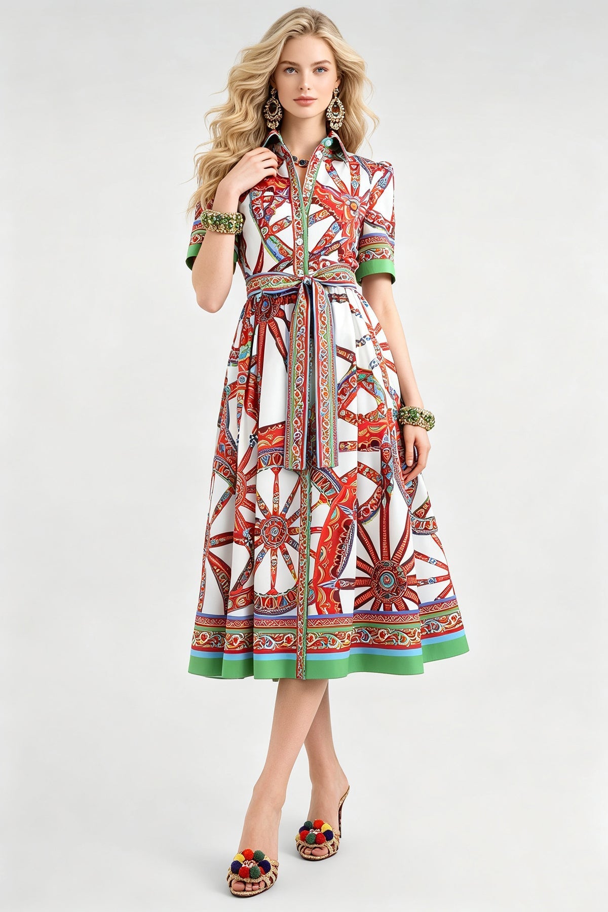 Women Summer Printed Collar Neck Blouse Paired With A Line Dress DestGlow