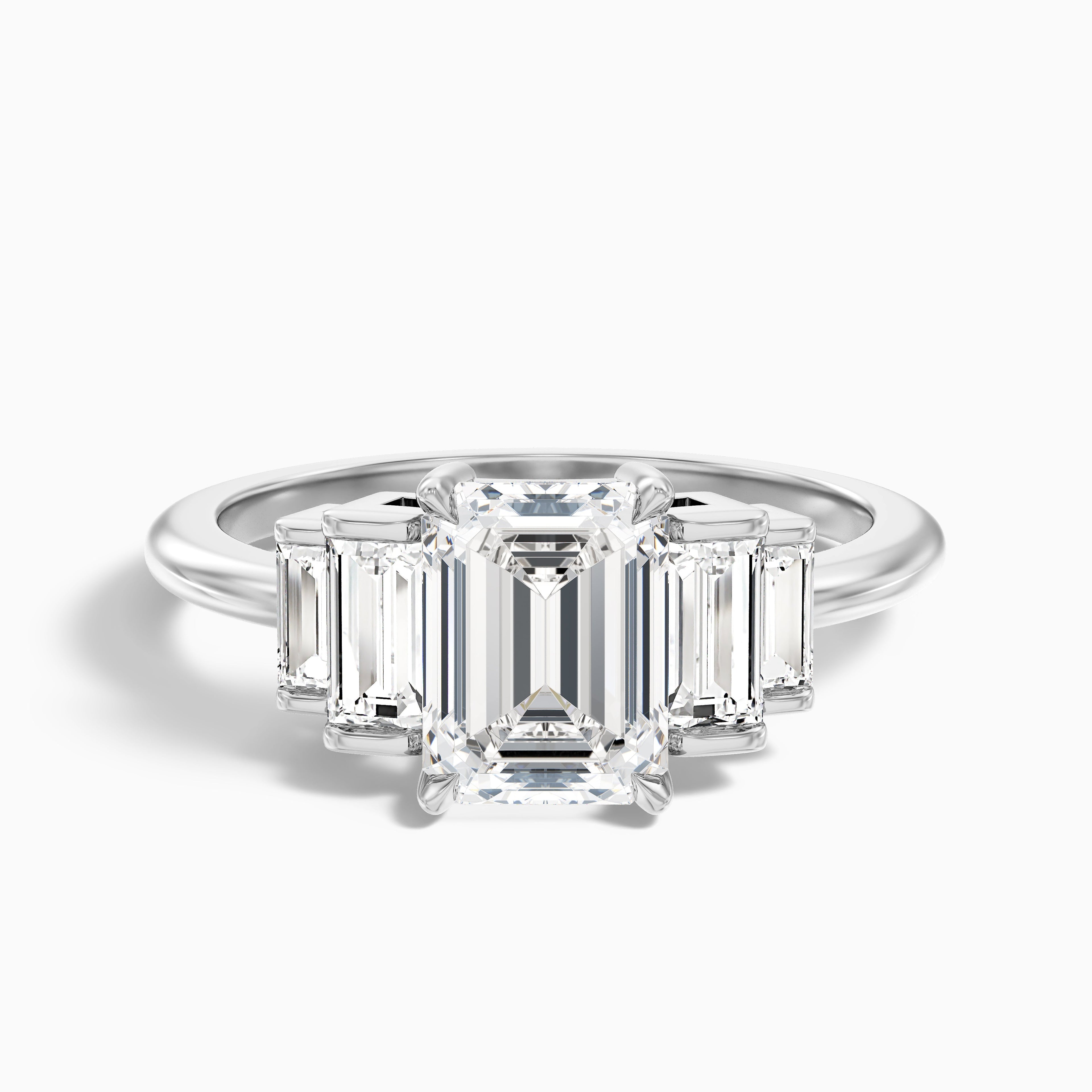 Riley 5 Carat Five Stone Emerald With Baguette Side Stones Moissanite Diamond Ring in 14k White Gold