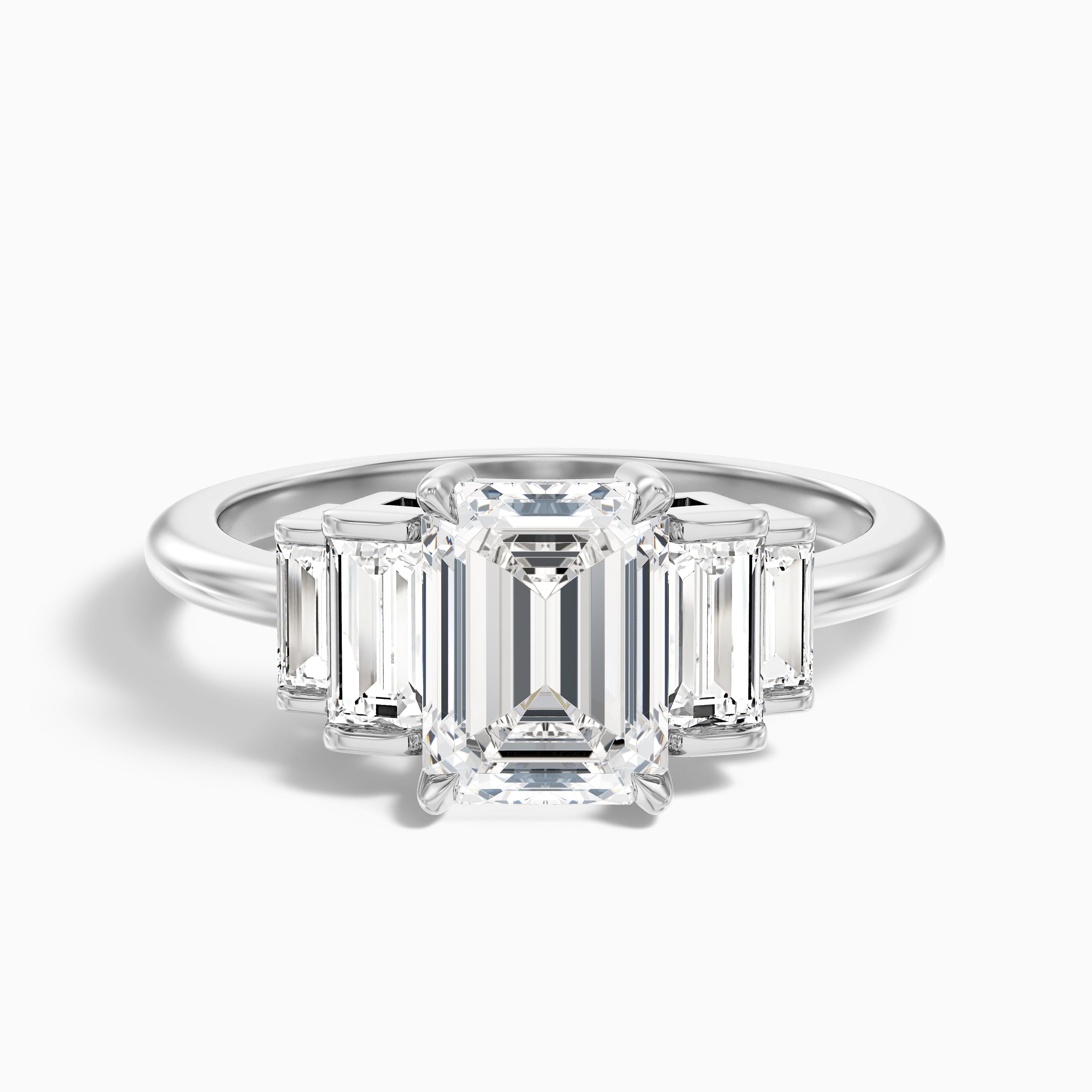Kora 3.5 Carat Five Stone Emerald Cut With Baguette Side Stone Lab Grown Diamond Ring in 925 Sterling Silver