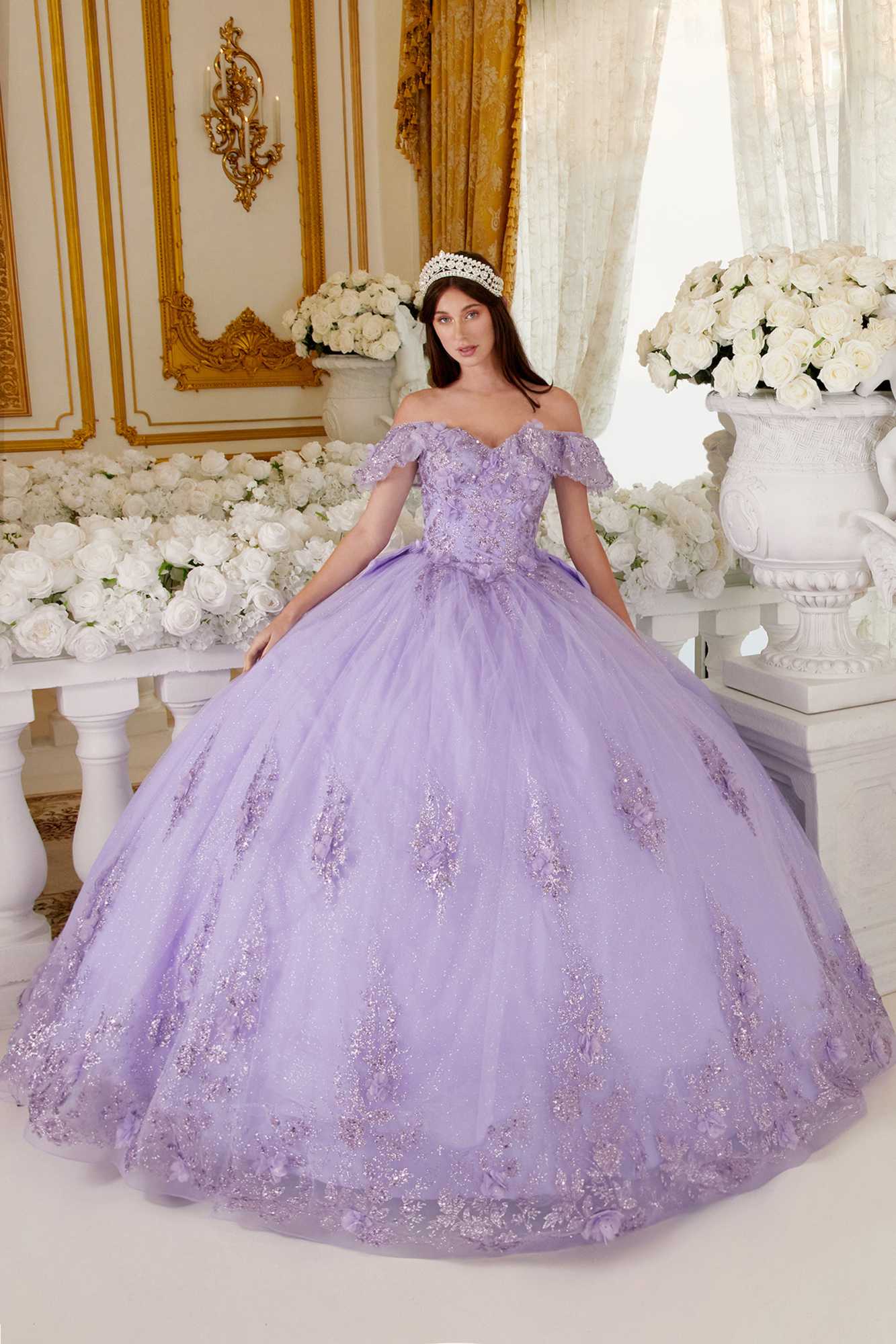 Ladivine 15701 Floral Off the Shoulder A-line Quince Ball Gown by DiscountDressShop