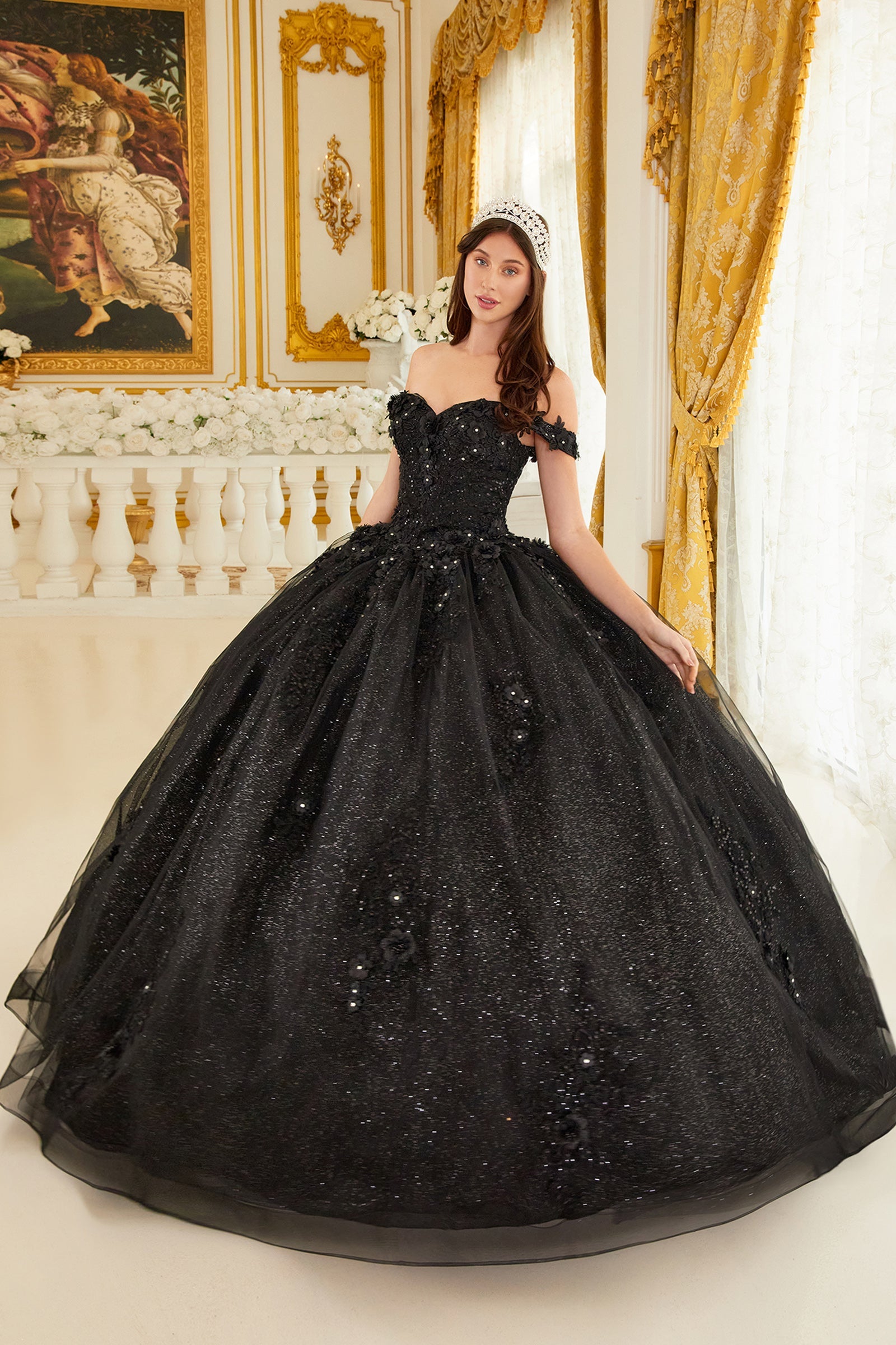 Ladivine 15702 Floral Off the Shoulder Floral Quince Ball Gown by DiscountDressShop