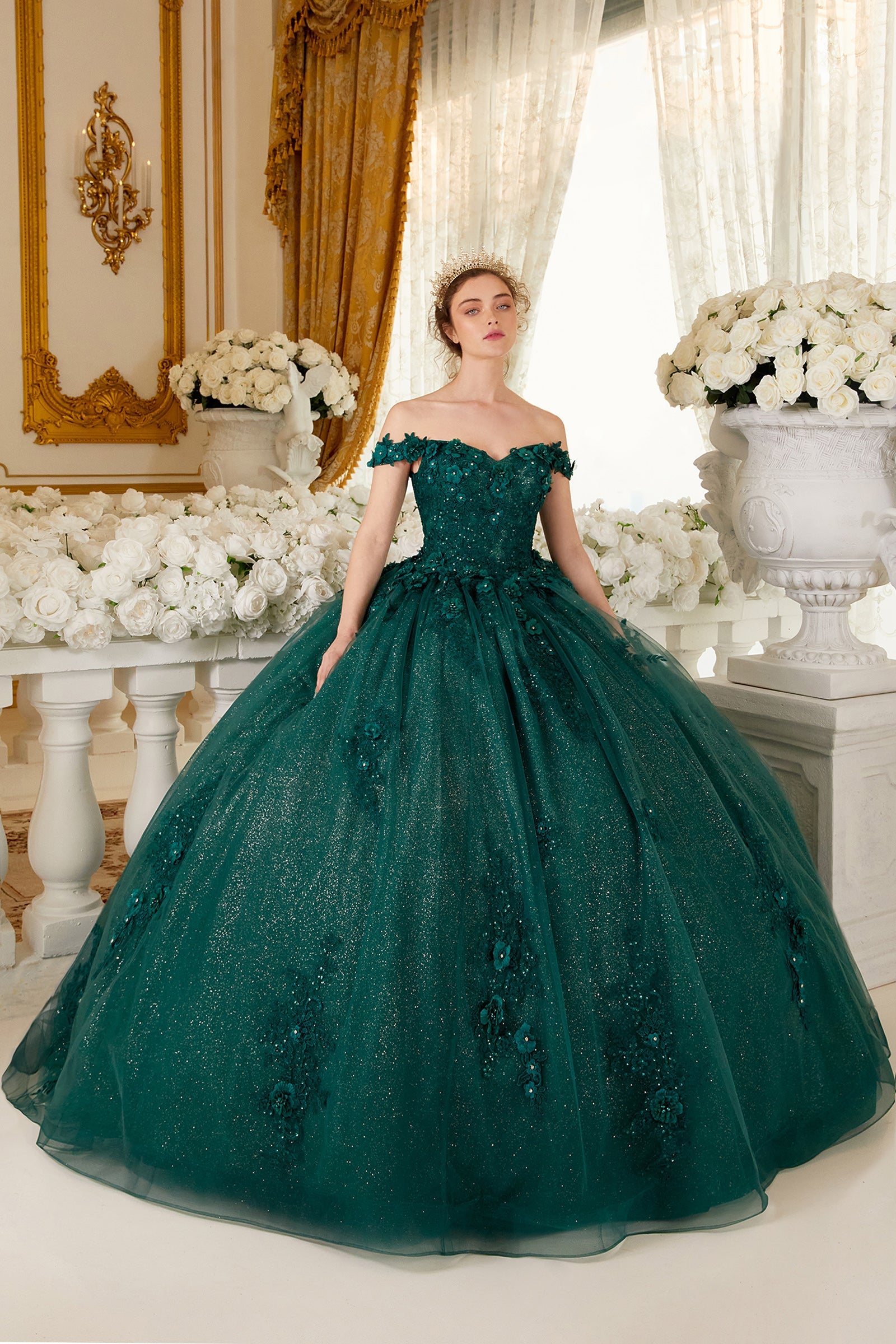 Ladivine 15702 Floral Off the Shoulder Floral Quince Ball Gown by DiscountDressShop