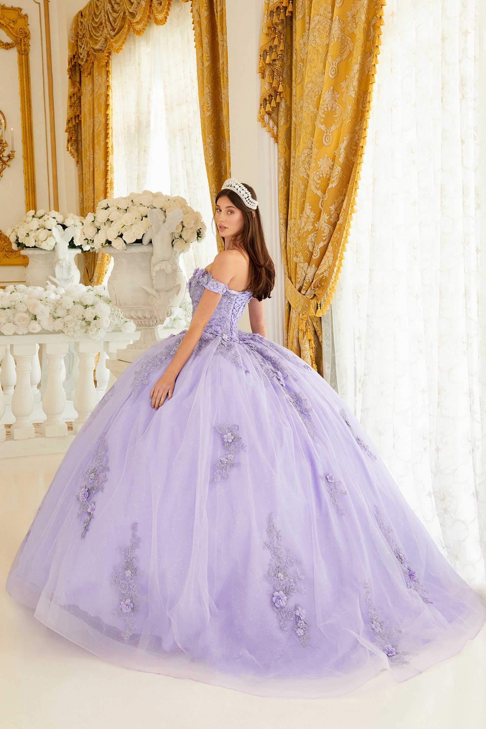 Ladivine 15702 Floral Off the Shoulder Floral Quince Ball Gown by DiscountDressShop