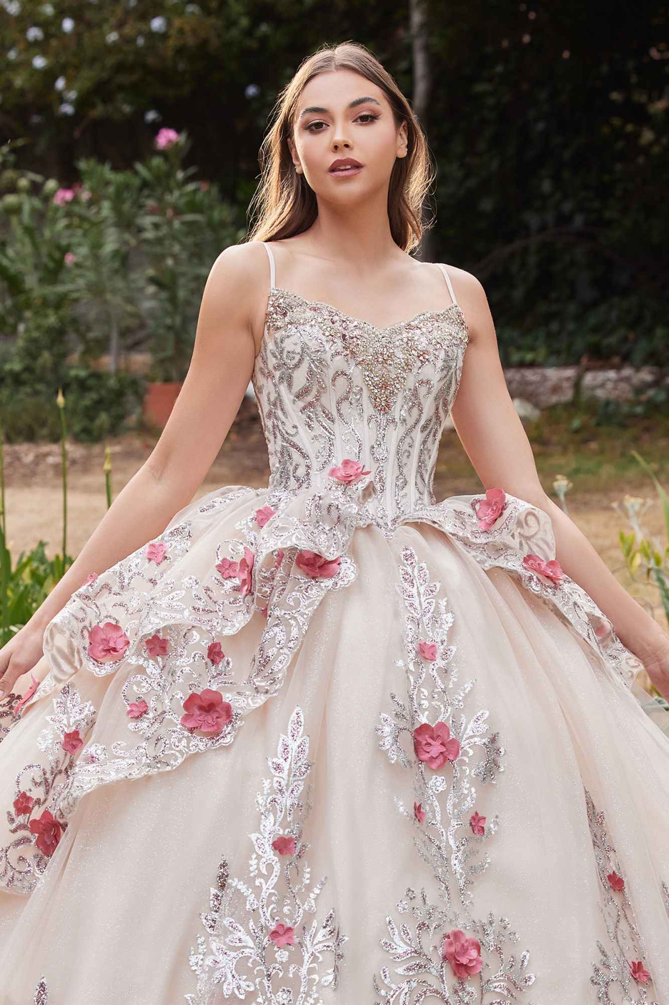 Ladivine 15703 Layered Tulle Quince Ball Gown With Foral Applique by DiscountDressShop