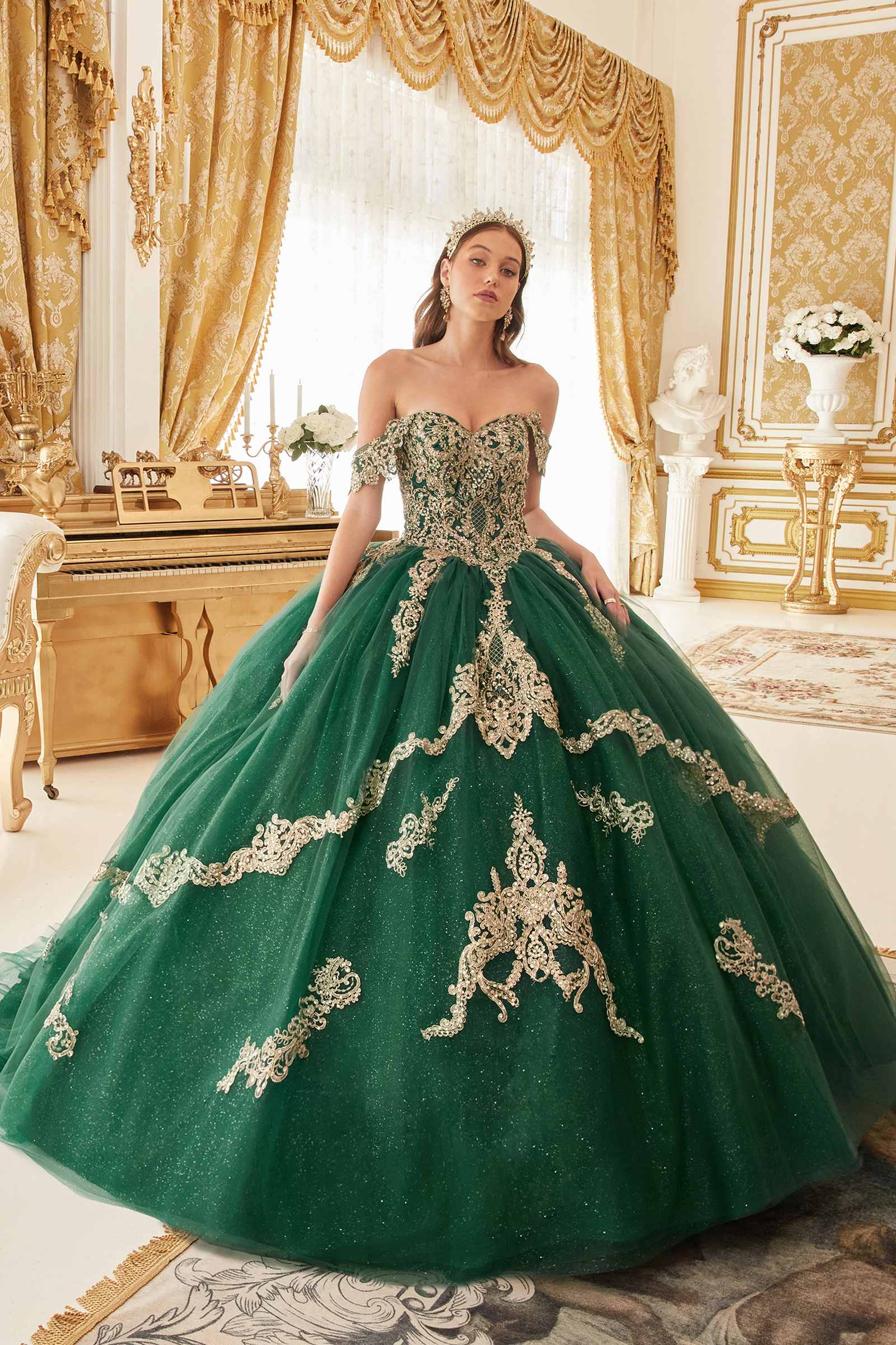 Ladivine 15711 Off the Shoulder Glitter Tulle A-Line Ball Gown Removable Cape by DiscountDressShop