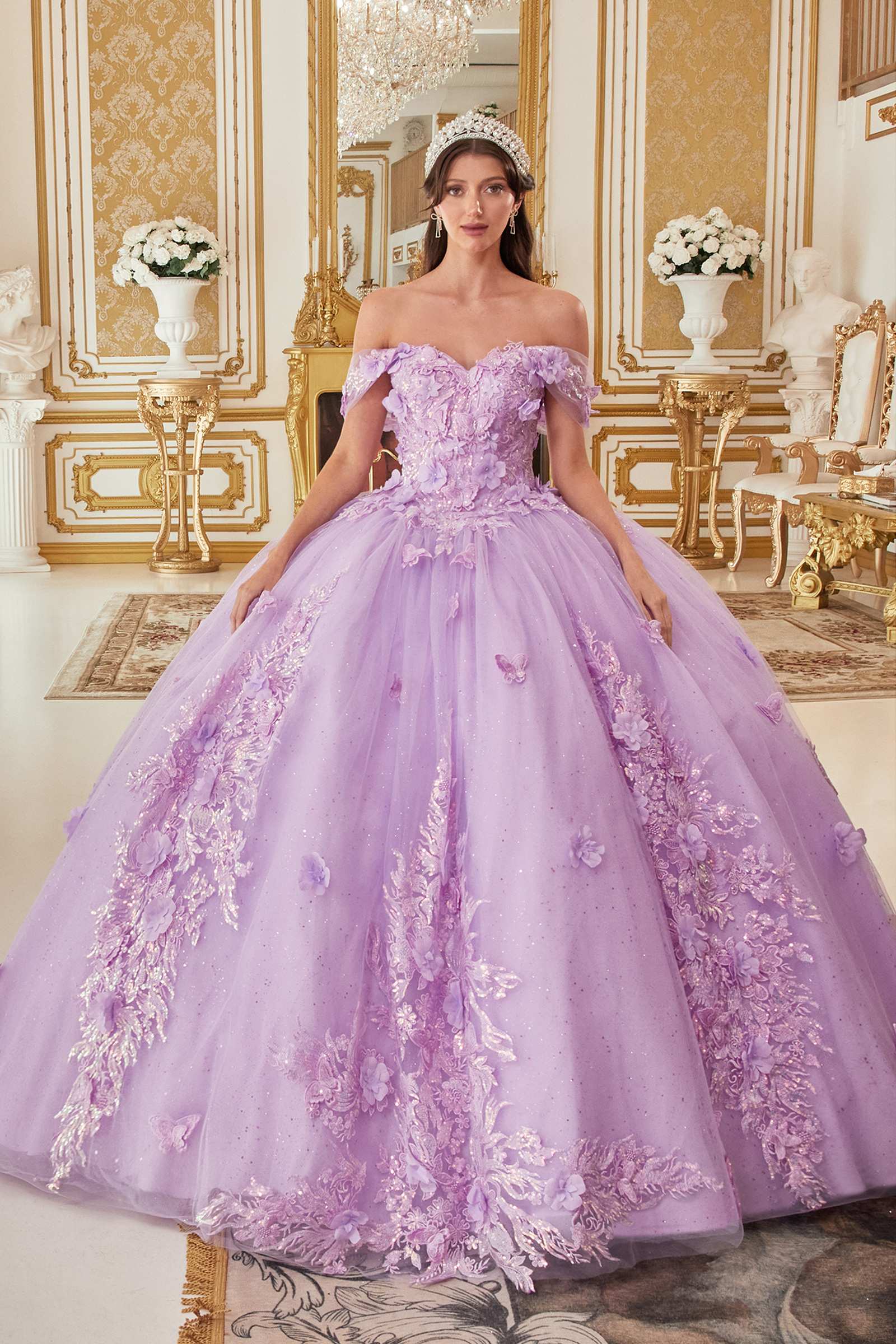 Ladivine 15713 Long Off the Shoulder A-Line Floral Applique Ball Gown by DiscountDressShop