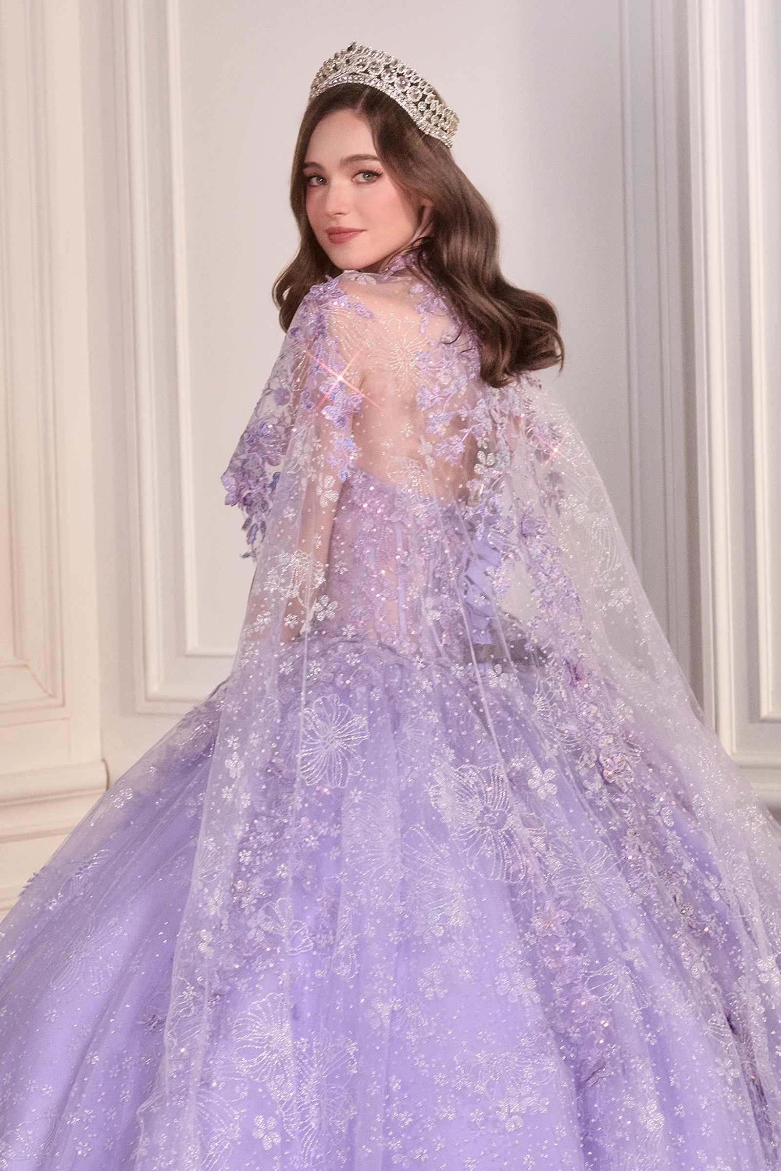 Ladivine 15719 Long Poofy Quinceanera Gown With Tulle Cape by DiscountDressShop