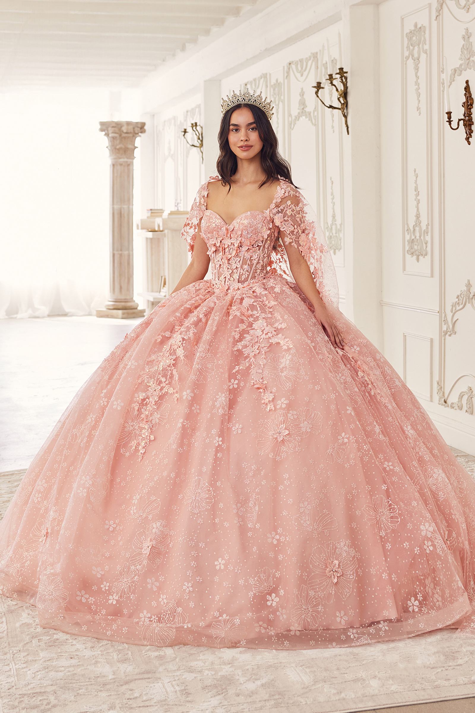 Ladivine 15719 Long Poofy Quinceanera Gown With Tulle Cape by DiscountDressShop