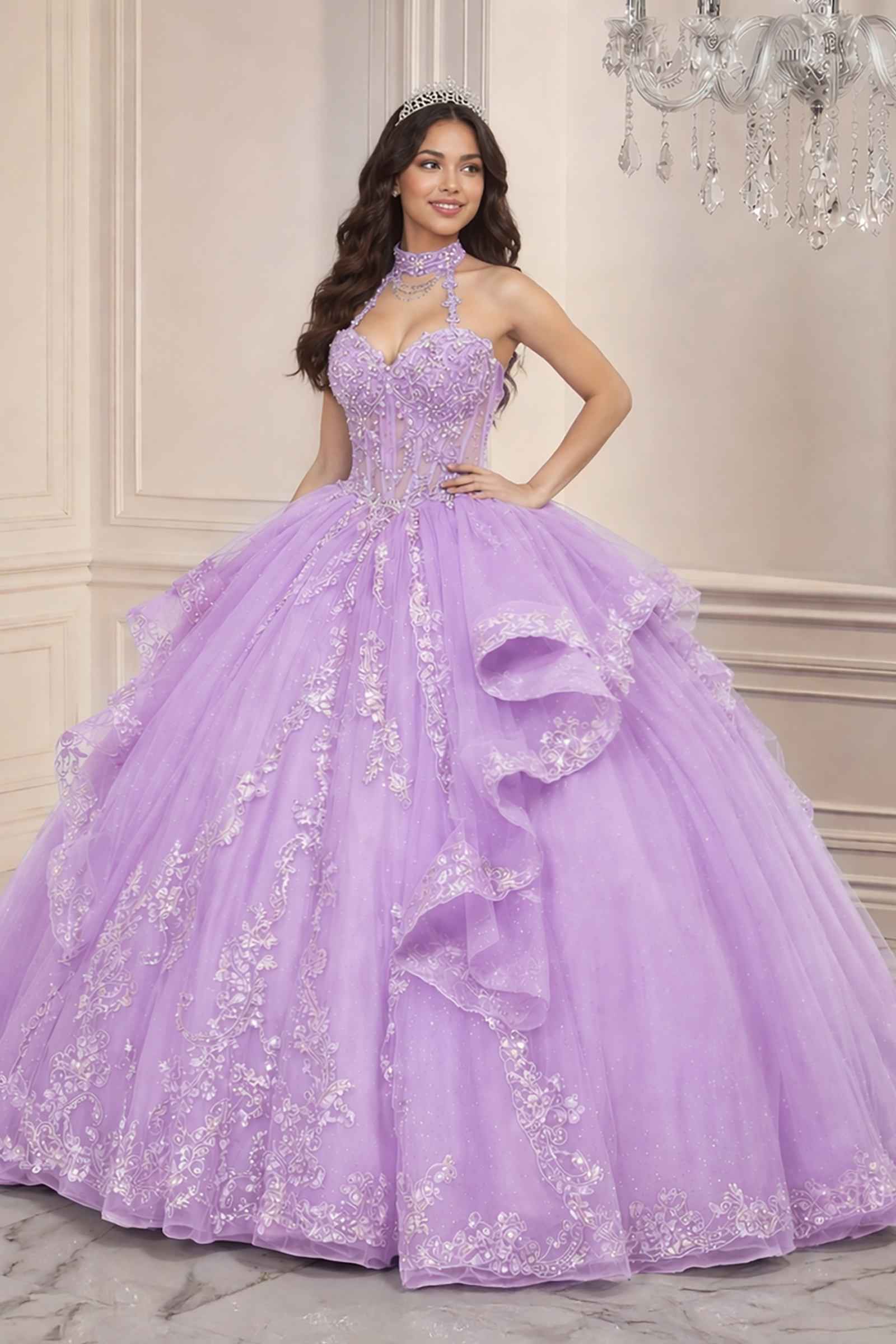 Ladivine 15741 Sweetheart Neckline Choker Strap Quinceanera Gown DestGlow