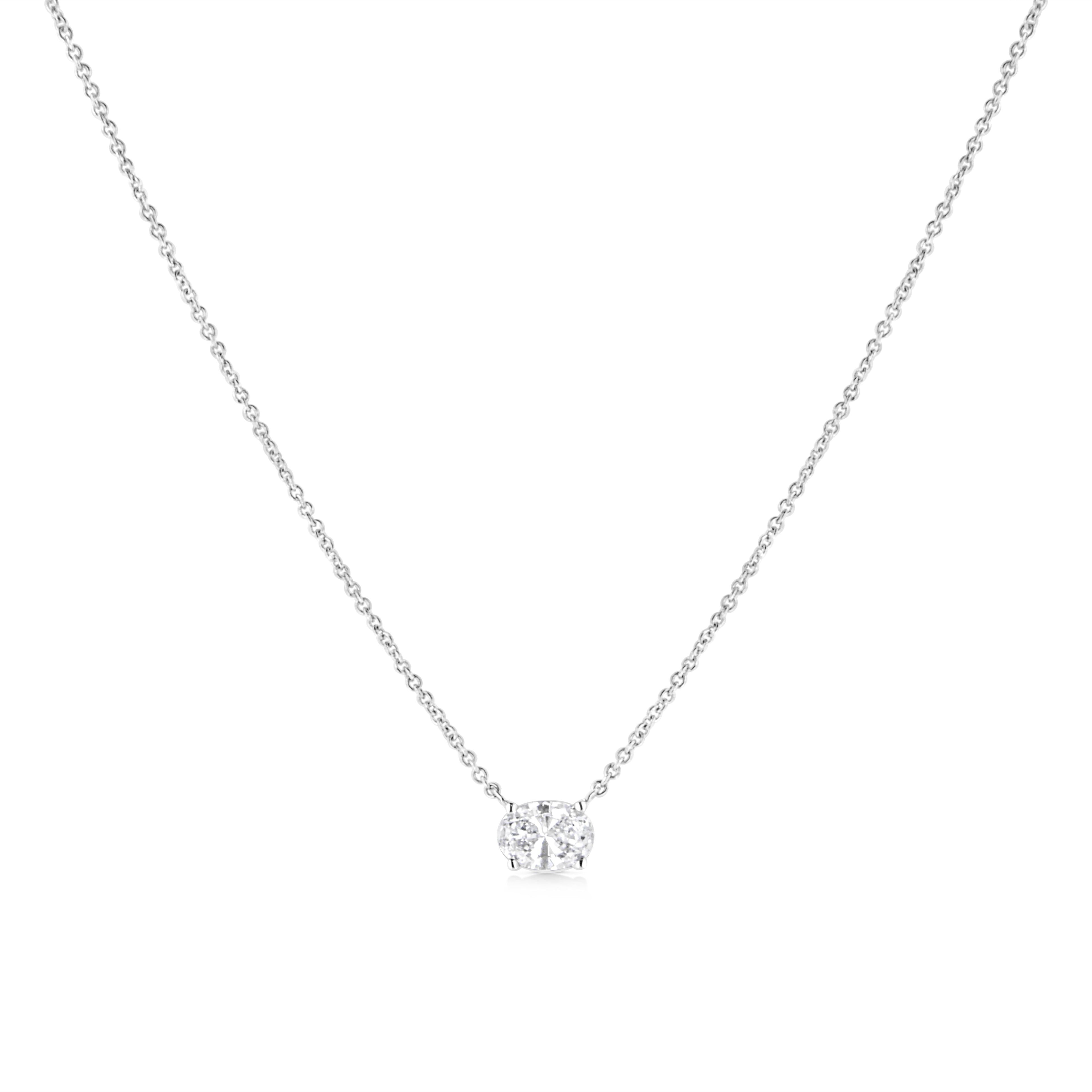 14K White Gold 1/2 Cttw Lab Grown Oval Shape Solitaire Diamond East West 18" Pendant Necklace (E-F Color, VS1-VS2 Clarity) DestGlow