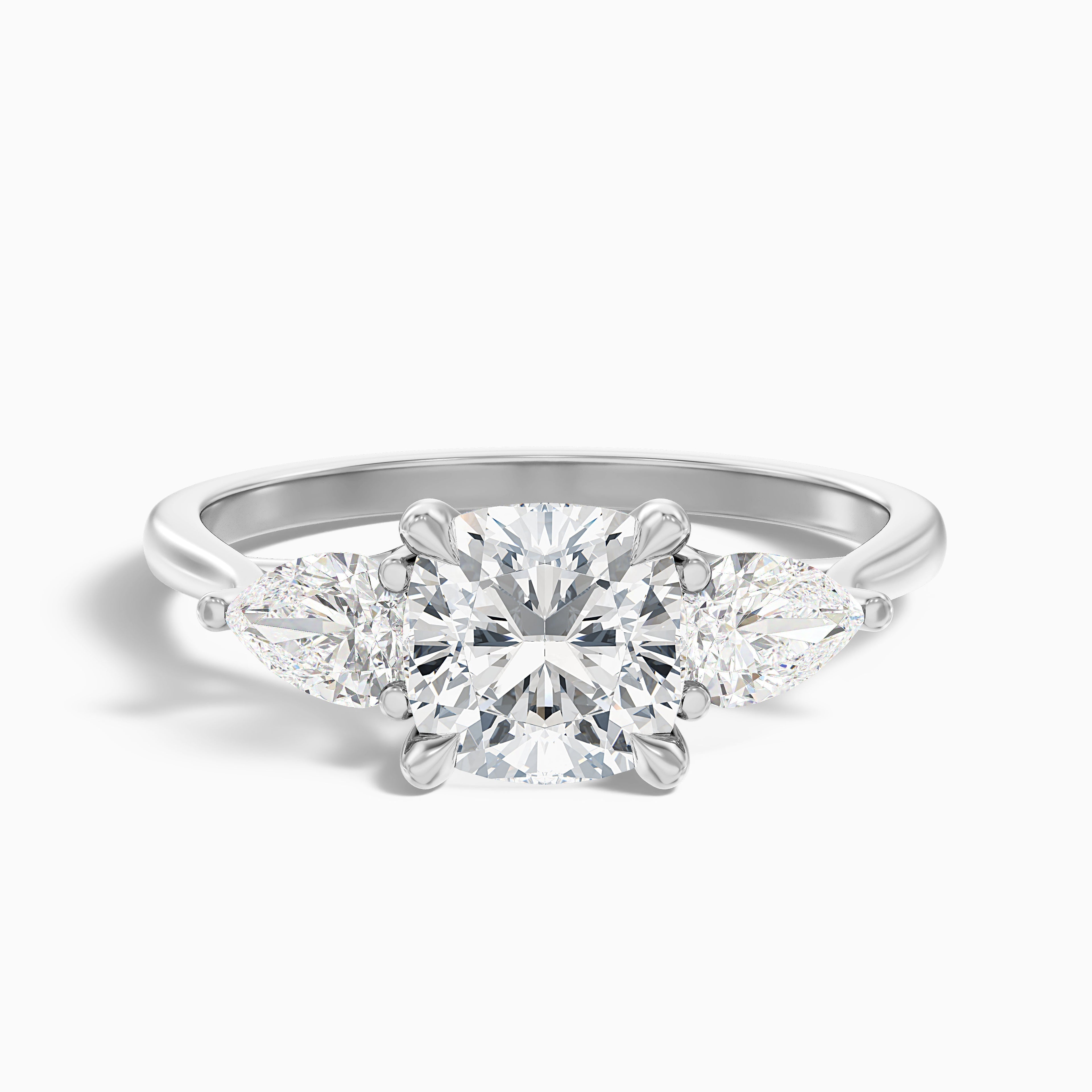 Hilary 5 Carat Three Stone Cushion With Pear SIde Stones Moissanite Diamond Ring in 10k Rose Gold