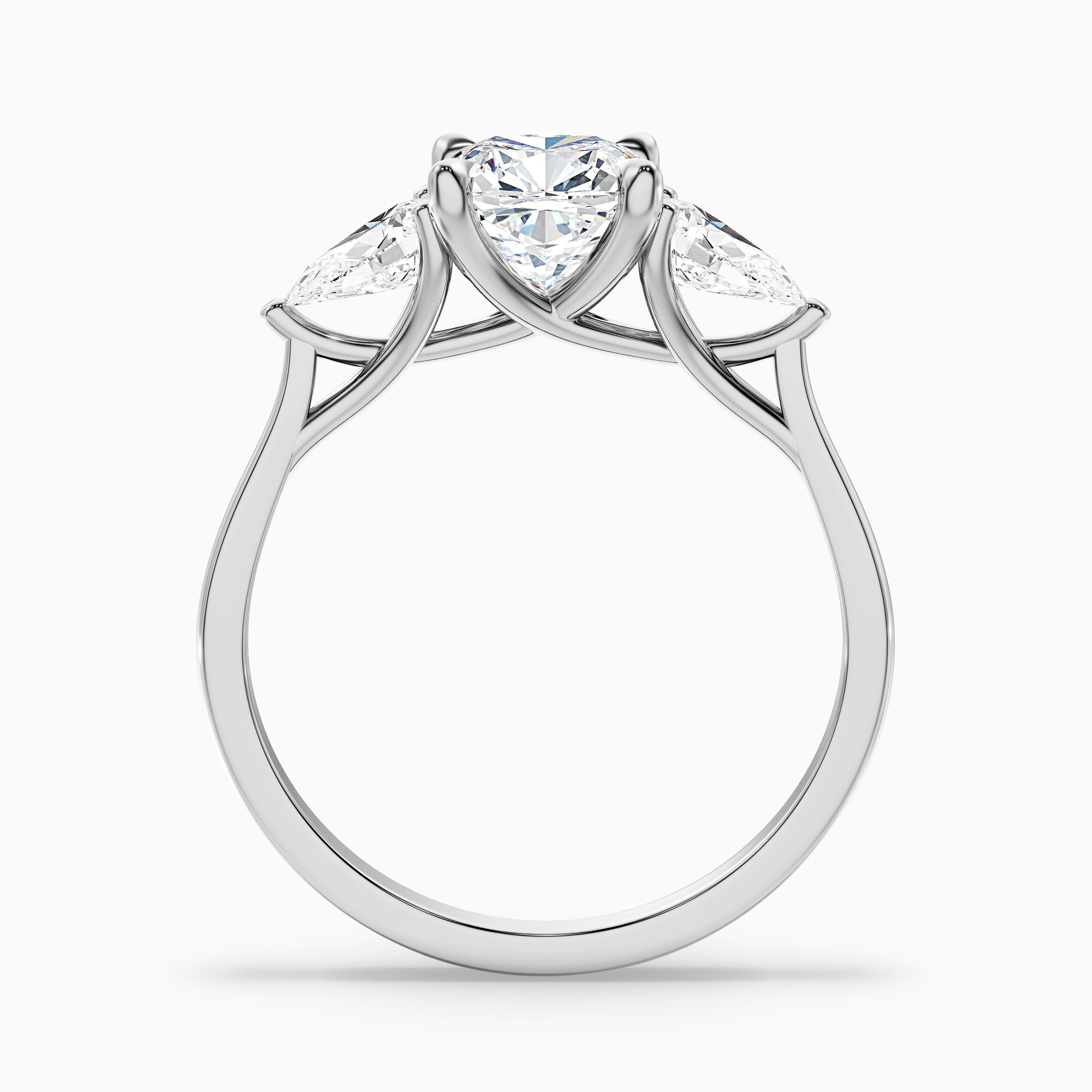 Elva 1 Carat Three Stone Cushion With Pear Side Stones Lab Grown Diamond Ring in 925 Sterling Silver