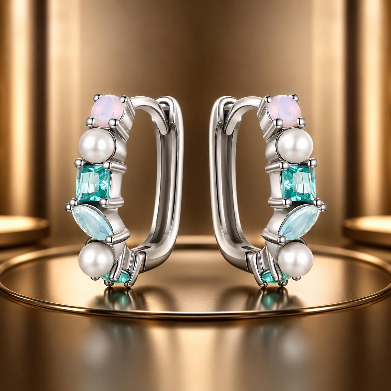 925 Sterling Silver Earrings with Nano Opal, Shell Pearl and Glass, 1.4cm for Women DestGlow