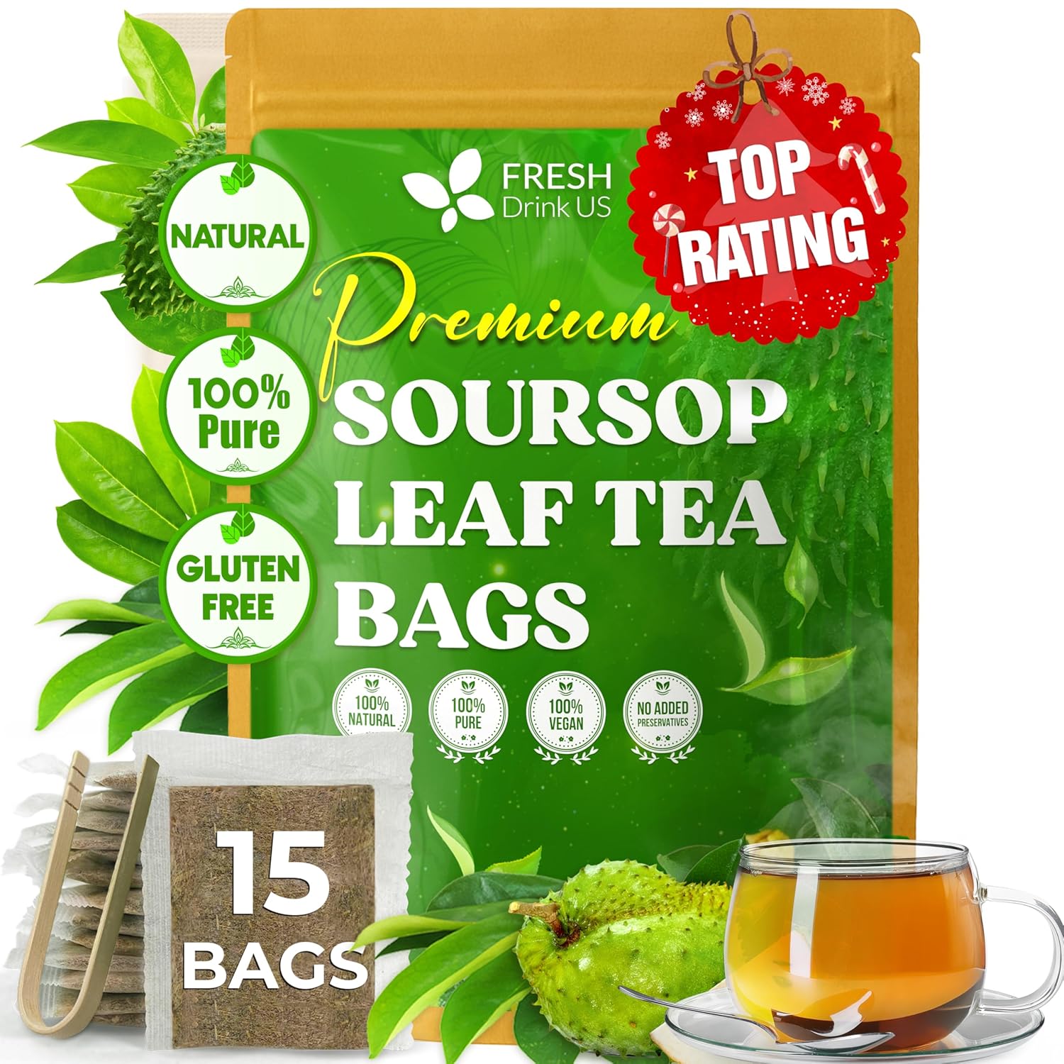 40 Premium Soursop Graviola Leaf Tea Bags, 100% Natural and Pure from Soursop Leaves, Handmade, Made With Natural Materials-Corn Fiber Tea Bag, Sugar/Caffeine/Gluten Free, Hoja Guanabana Tea by FreshDrinkUS - Natural and Premium Herbal Tea