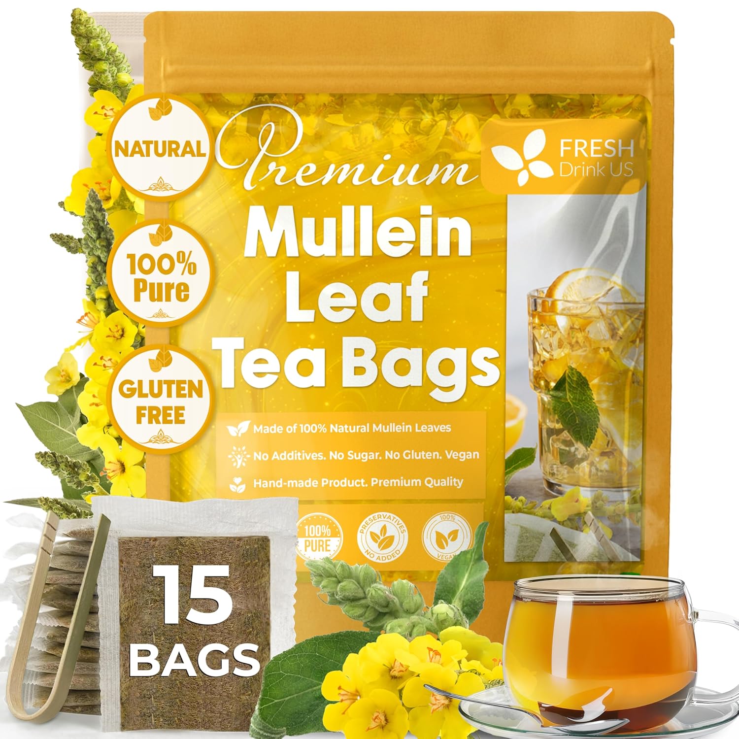 Mullein Leaf Tea Bags, 100% Natural & Pure from Mullein Leaves. Loose Leaf Mullein Herbal Tea. Made with Natural Material Tea Bags. No Sugar, No Caffeine, No Gluten, Vegan. by FreshDrinkUS - Natural and Premium Herbal Tea