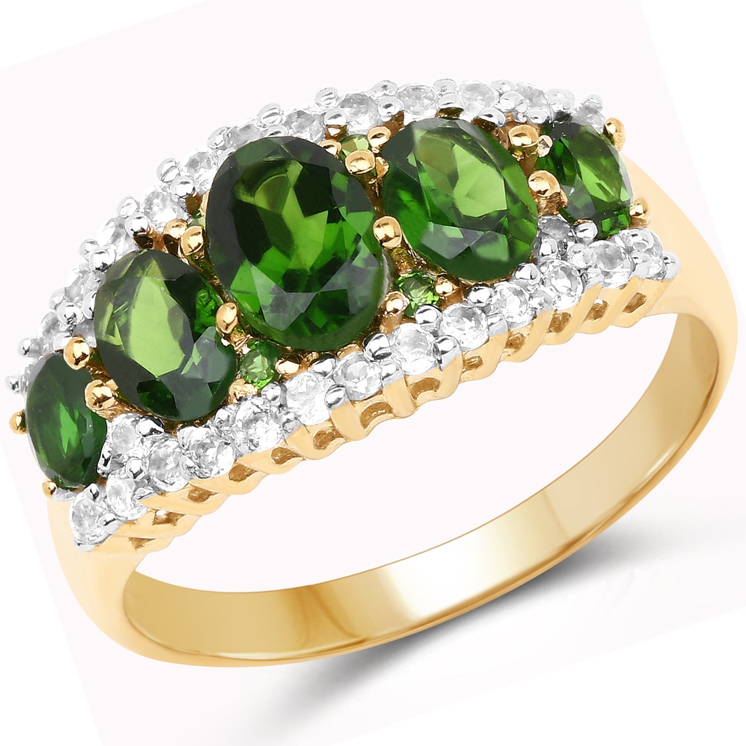 18K Yellow Gold Plated 2.70 Carat Genuine Chrome Diopside and White Topaz .925 Sterling Silver Ring by Bids.com