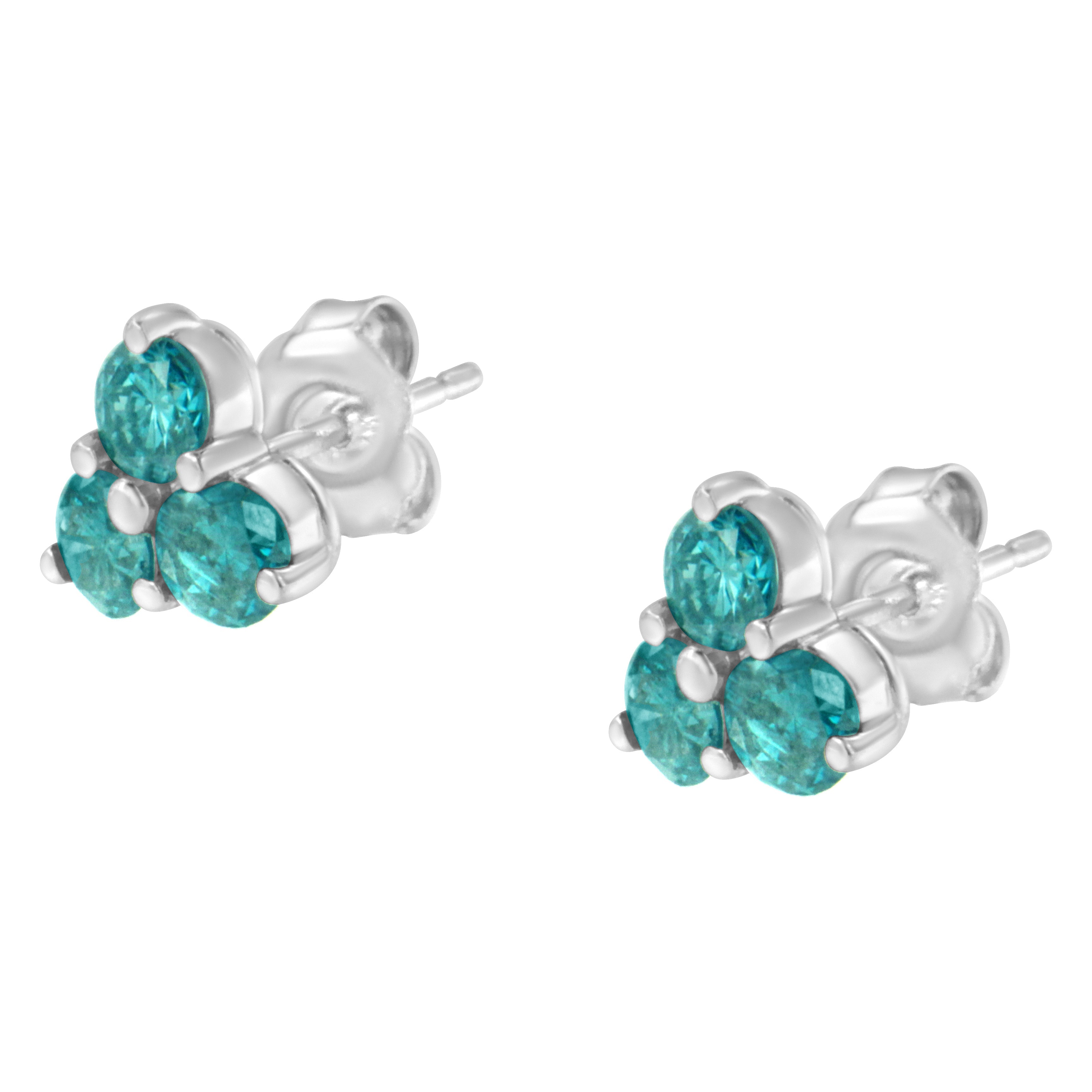 14KT White Gold Treated Blue Diamond Trio Stud Earrings (1 1/3 cttw, Blue) by Bids.com
