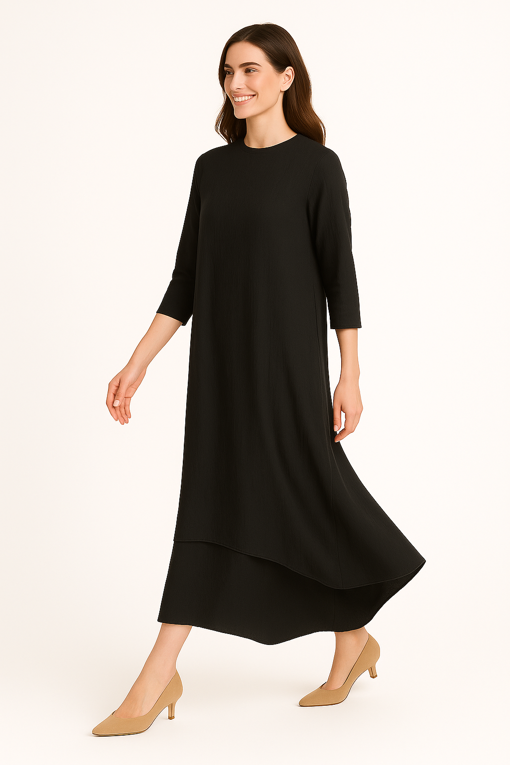 Modest Maxi Dress - Three Quarter Sleeve Soft Cotton Crinkle Fabric Double Layer Design by Kosher Casual USA