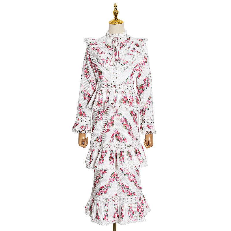 Australia Spring Retro Heavy Industry Crocheted Stand Collar Pleated Tiered Dress Ruffled Long Sleeve Dress by Ragazza