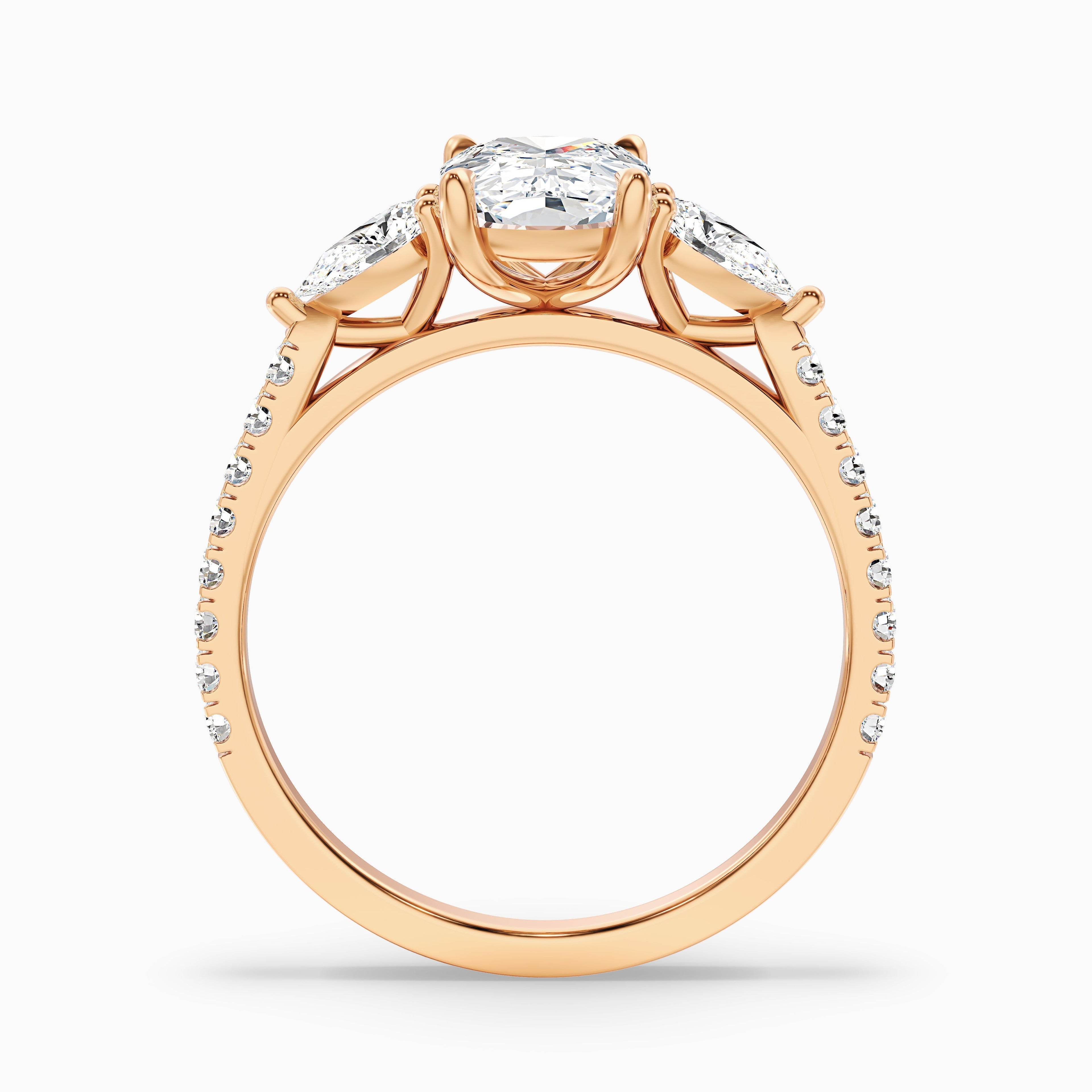 Ivana 1 Carat Three Stone Pave Ring with Pear Side Stones and an Elongated Cushion Lab Grown Diamond in 14k White Gold