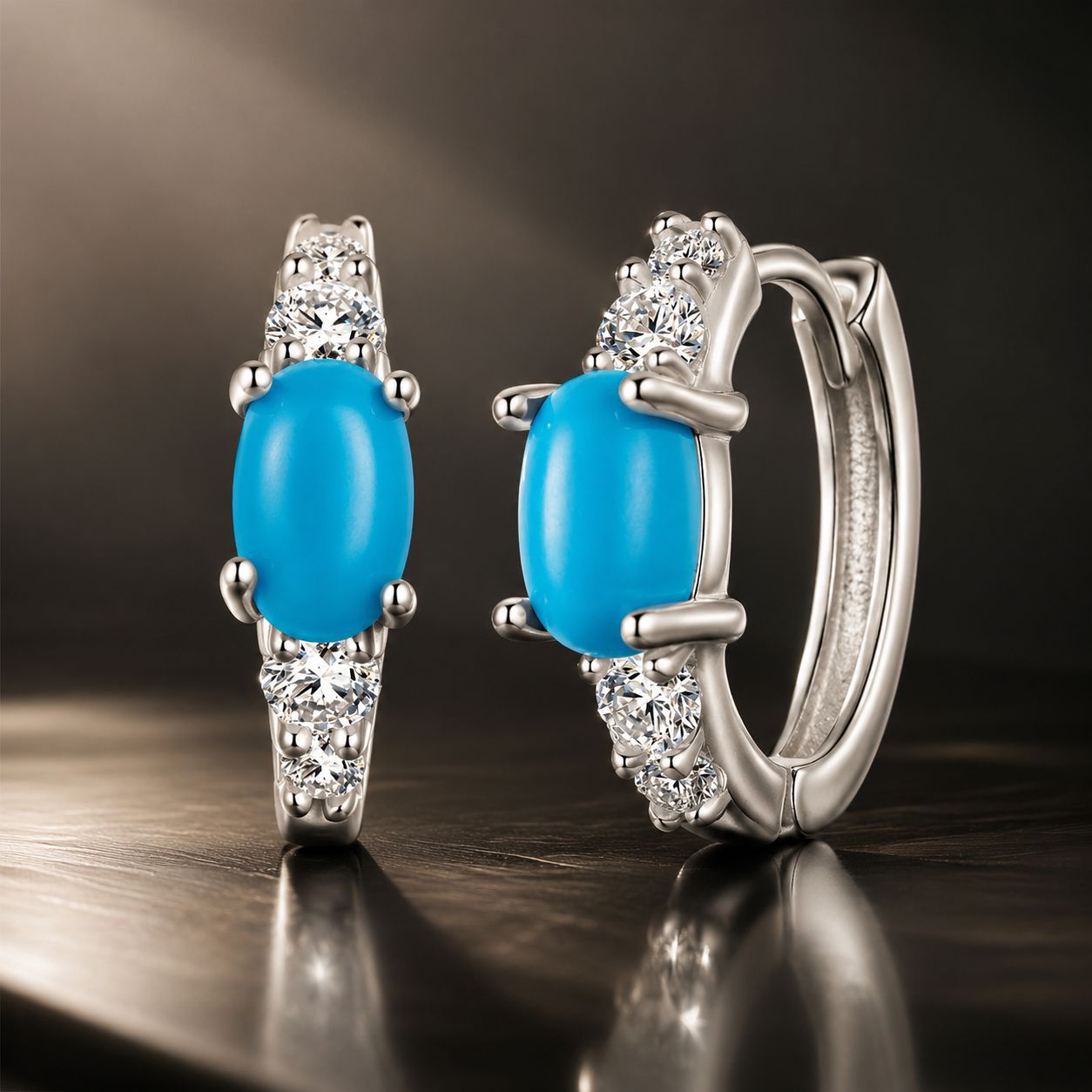 925 Sterling Silver Earrings with Synthetic Turquoise and CZ, White Gold Plated, 1.0cm Hoop for Women DestGlow