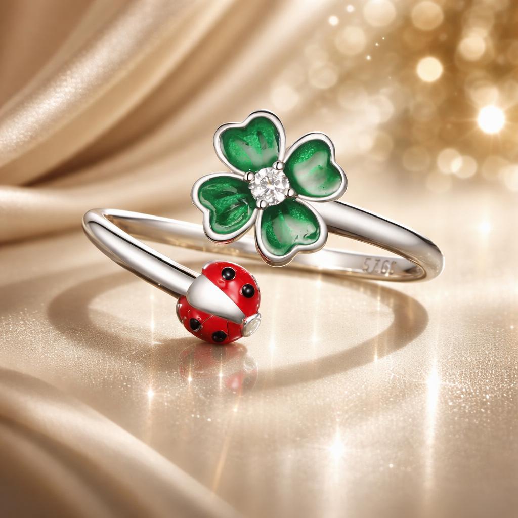 925 Sterling Silver Ladybug Four-leaf Clover Ring for Women DestGlow