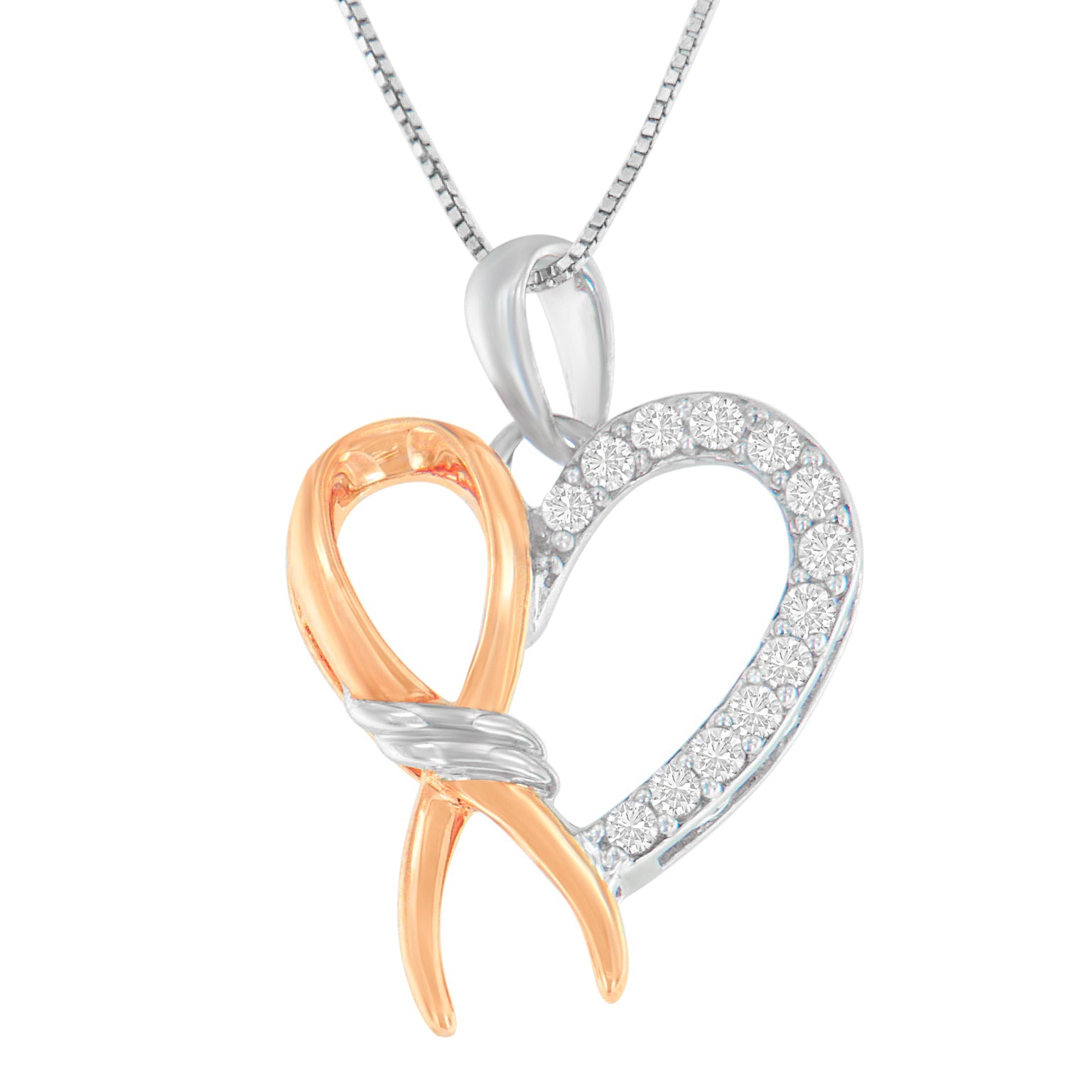 Two-Toned .925 Sterling Silver 1/5 cttw Round Cut Diamond Ribbon Heart Accent Pendant Necklace (H-I, I2-I3) by Bids.com