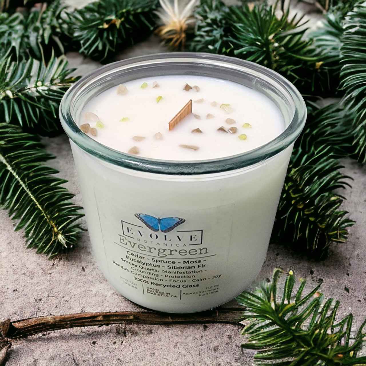 Rocks Candle - Evergreen (Wood Wick Peridot & Smoky Quartz Gemstone Soy Candle)