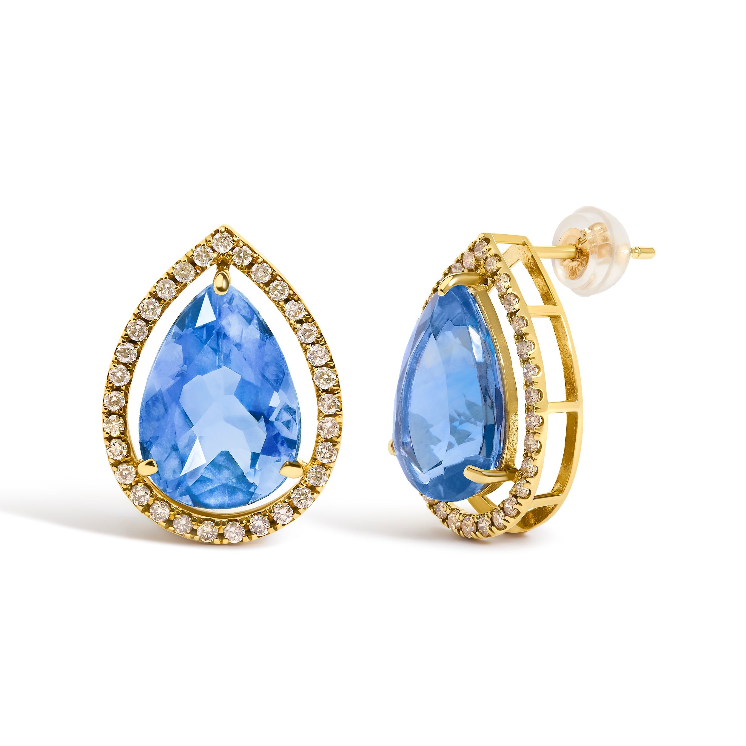 18K Yellow Gold 9x13 MM Blue Flourite Pear Halo Stud Earrings 1/2 Cttw Diamond DestGlow