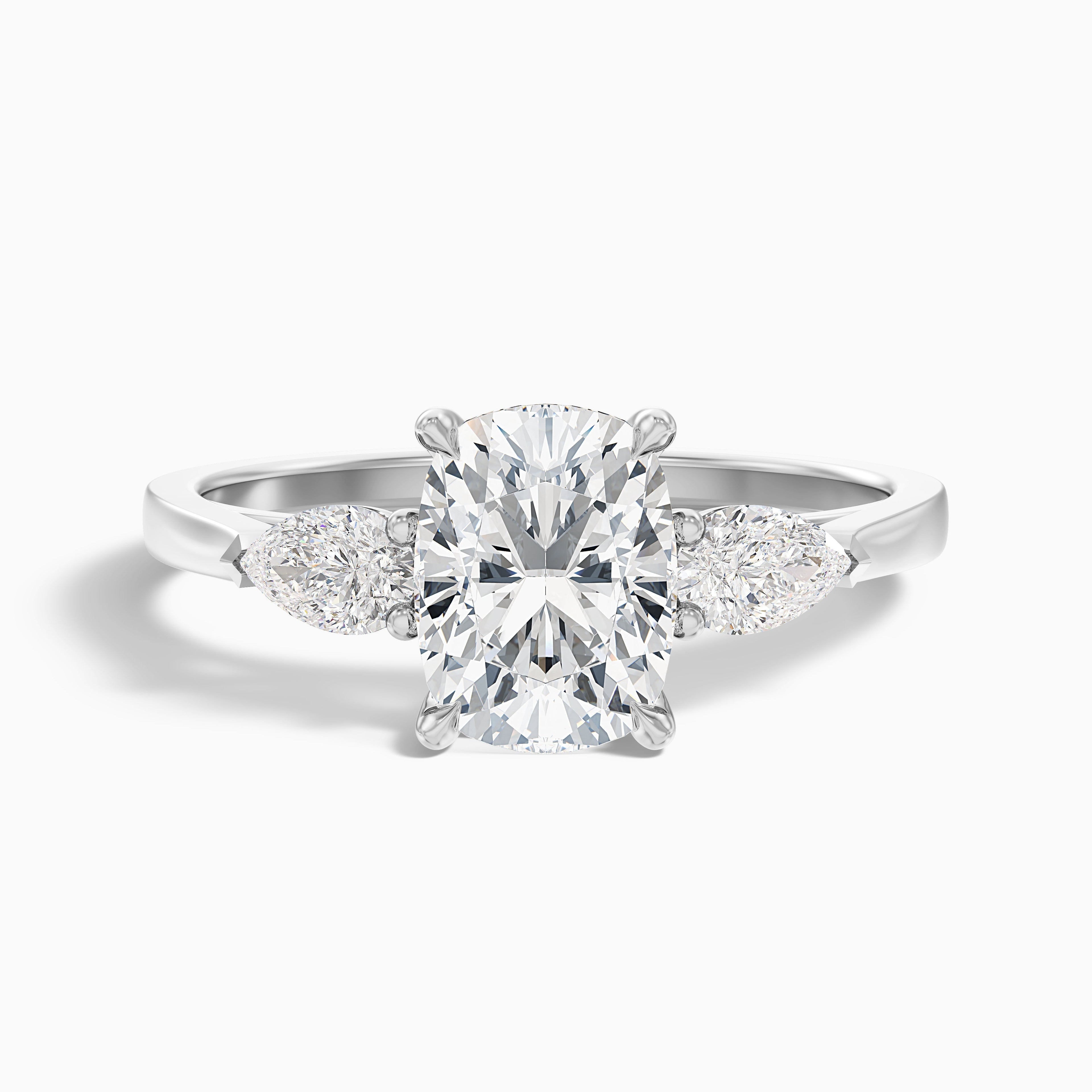 Haley 3.5 Carat Three Stone Ring with Pear Side Stones and an Elongated Cushion Moissanite Diamond in 18k Rose Gold