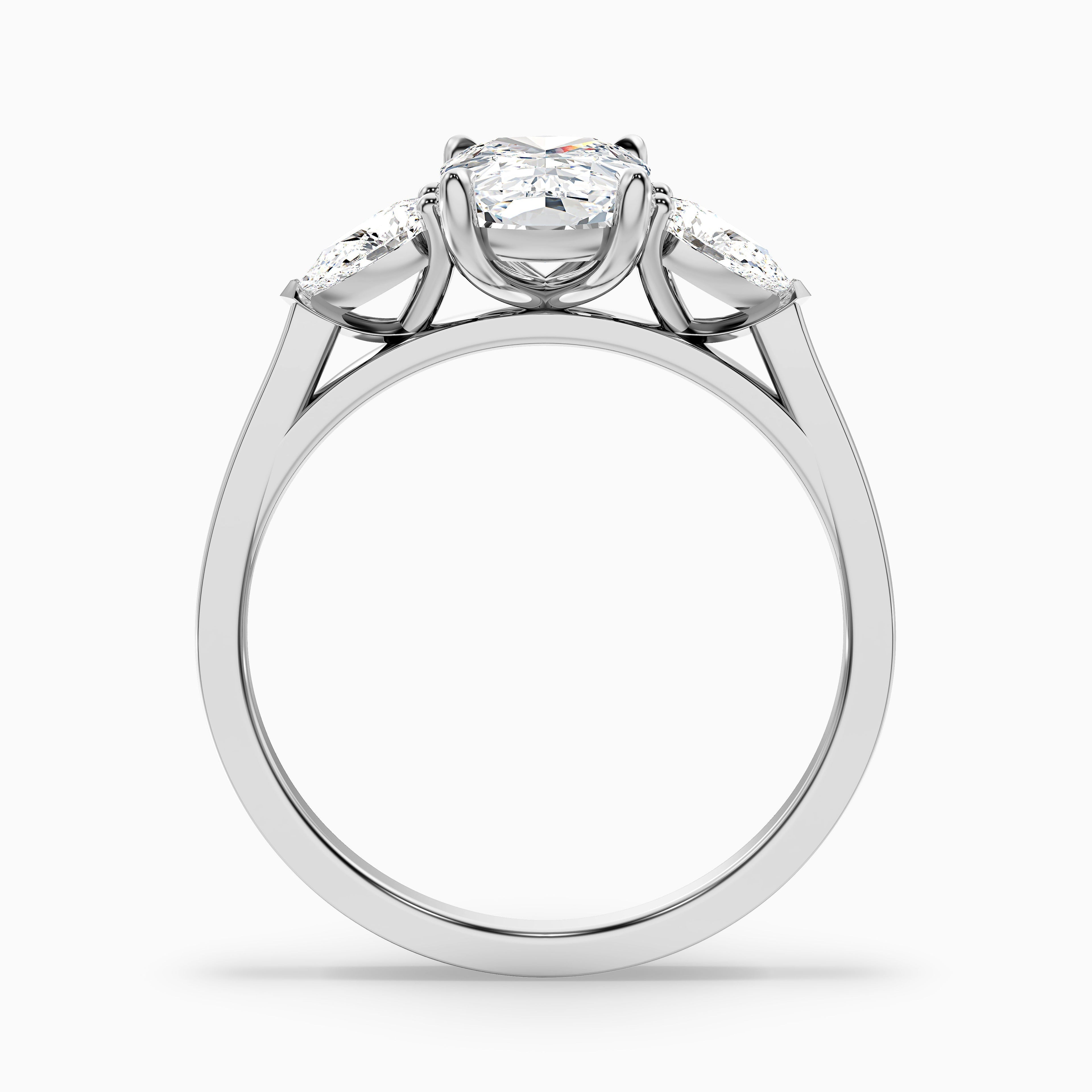 Haley 4.5 Carat Three Stone Ring with Pear Side Stones and an Elongated Cushion Lab Grown Diamond in 10k Rose Gold