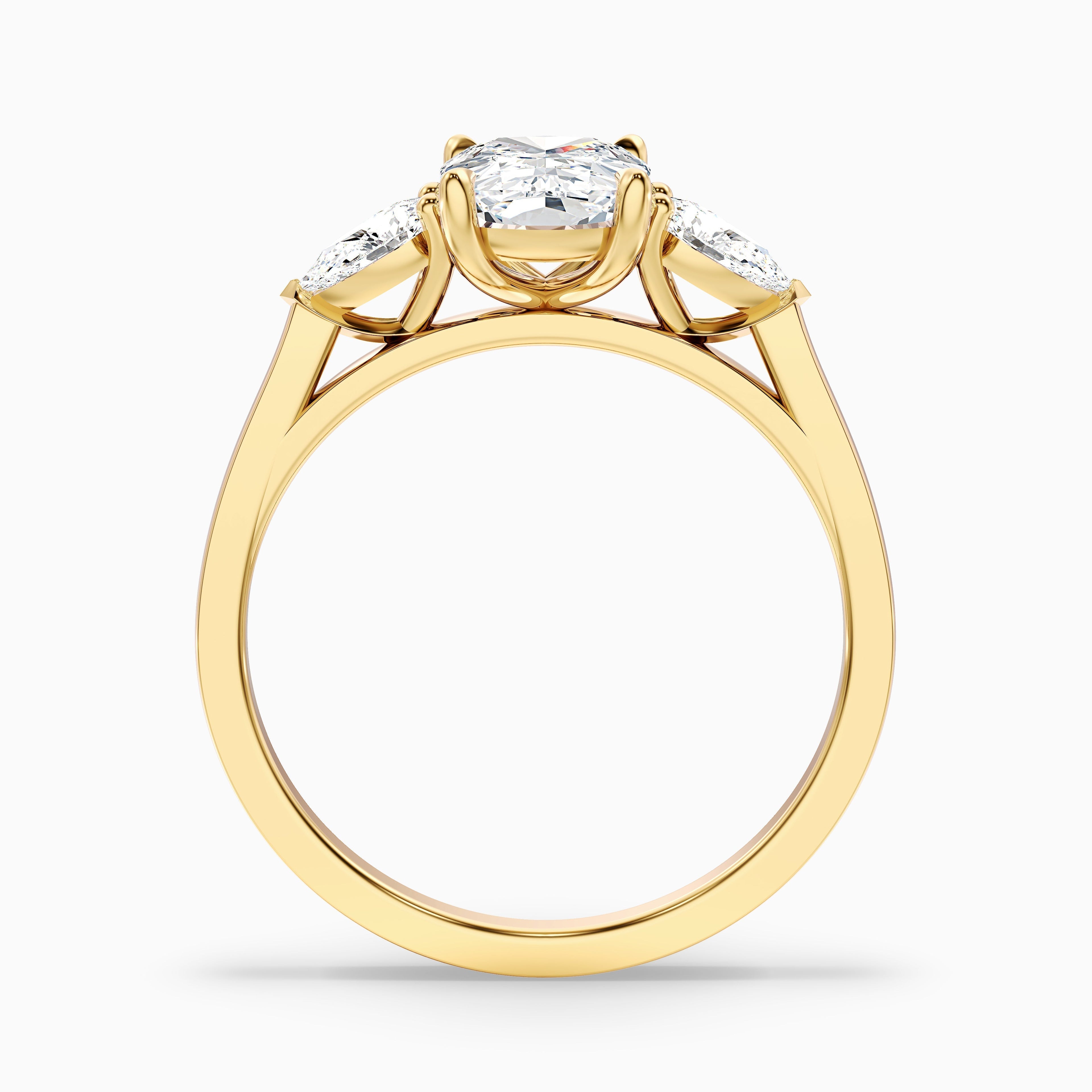 Haley 2 Carat Three Stone Ring with Pear Side Stones and an Elongated Cushion Lab Grown Diamond in 925 Sterling Silver