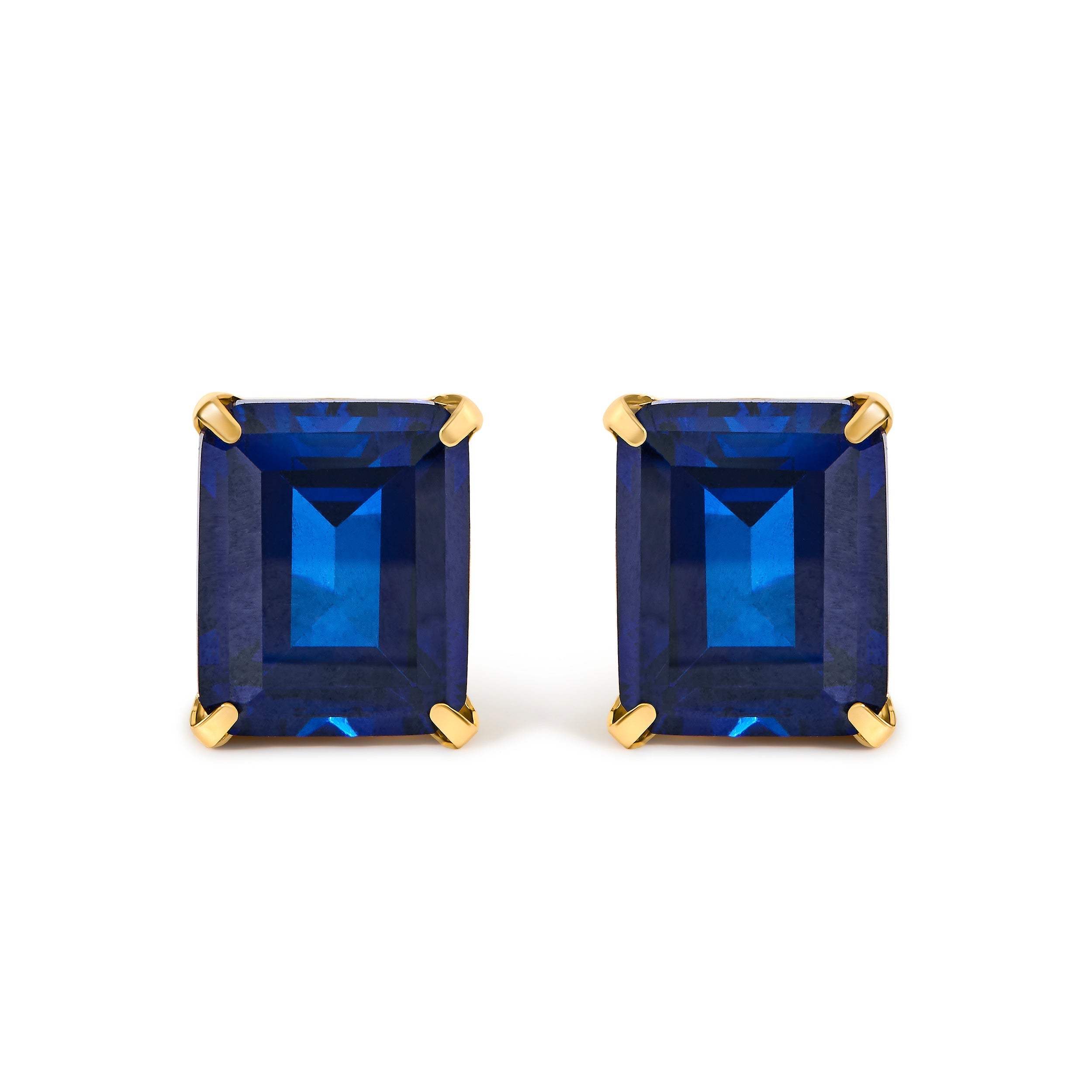 18K Yellow Gold 10x8 MM Lab Created Blue Sapphire Emerald Cut Solitaire Stud Earrings DestGlow