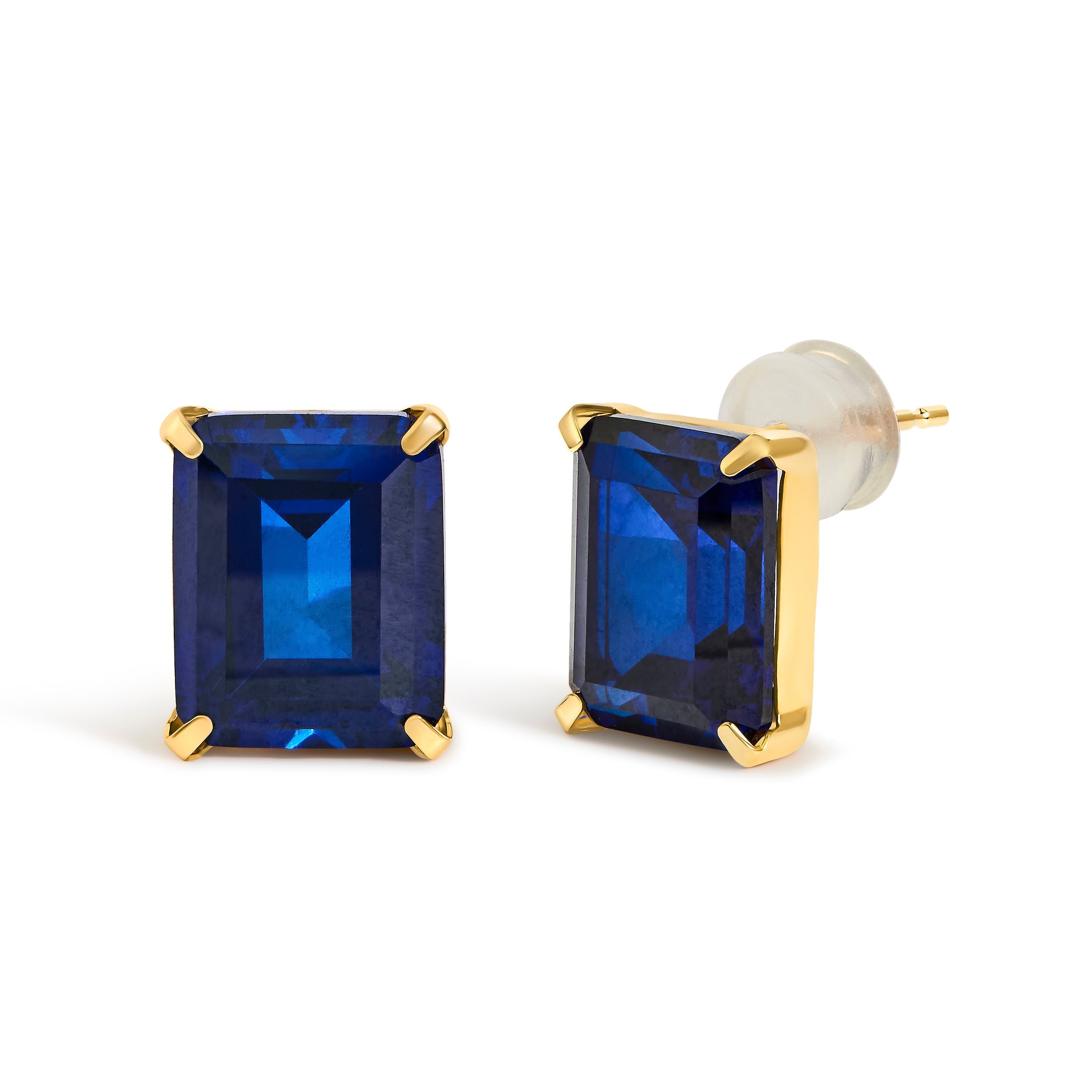 18K Yellow Gold 10x8 MM Lab Created Blue Sapphire Emerald Cut Solitaire Stud Earrings DestGlow