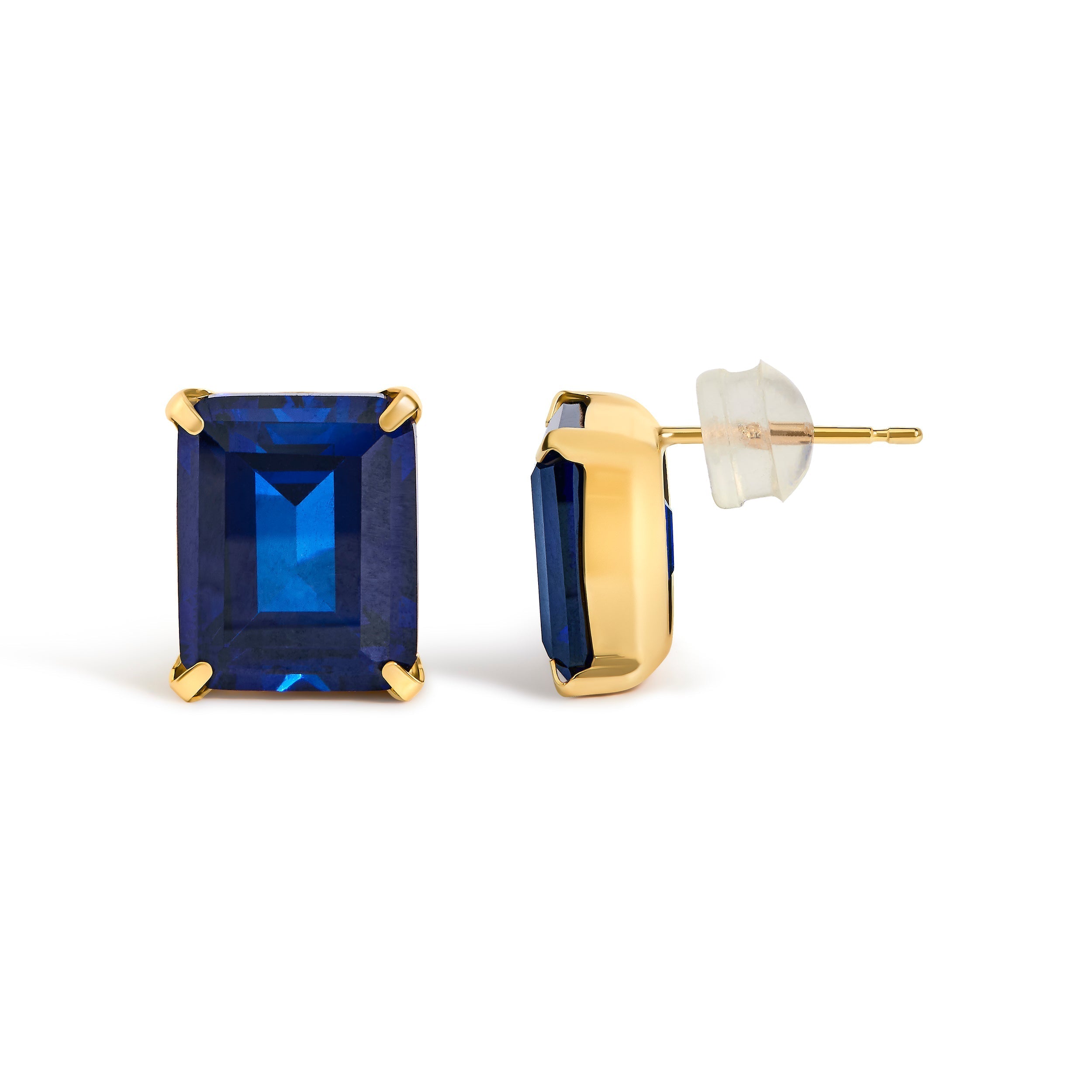 18K Yellow Gold 10x8 MM Lab Created Blue Sapphire Emerald Cut Solitaire Stud Earrings DestGlow
