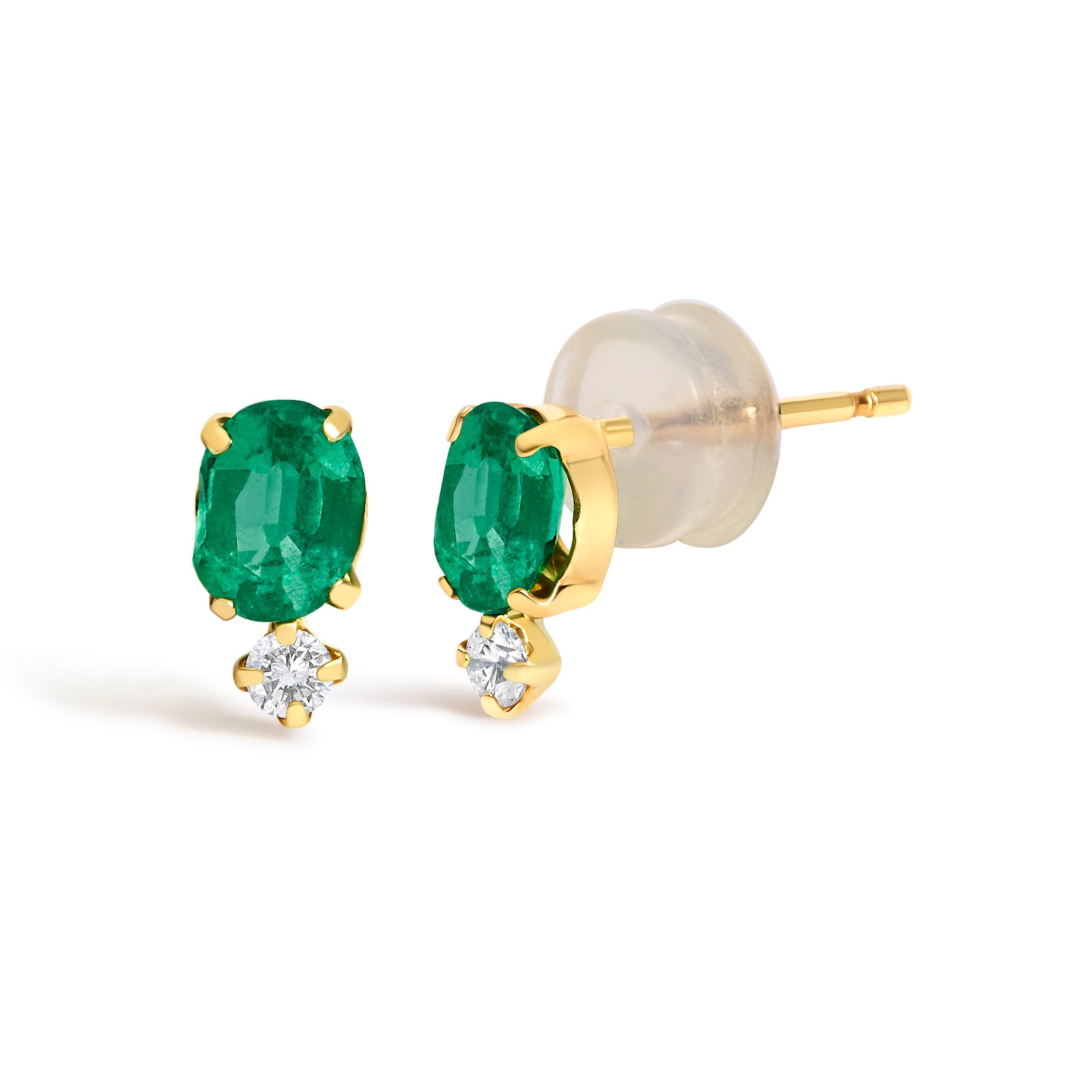 18K Yellow Gold Oval Green Emerald and Diamond Double Drop Stud Earrings DestGlow