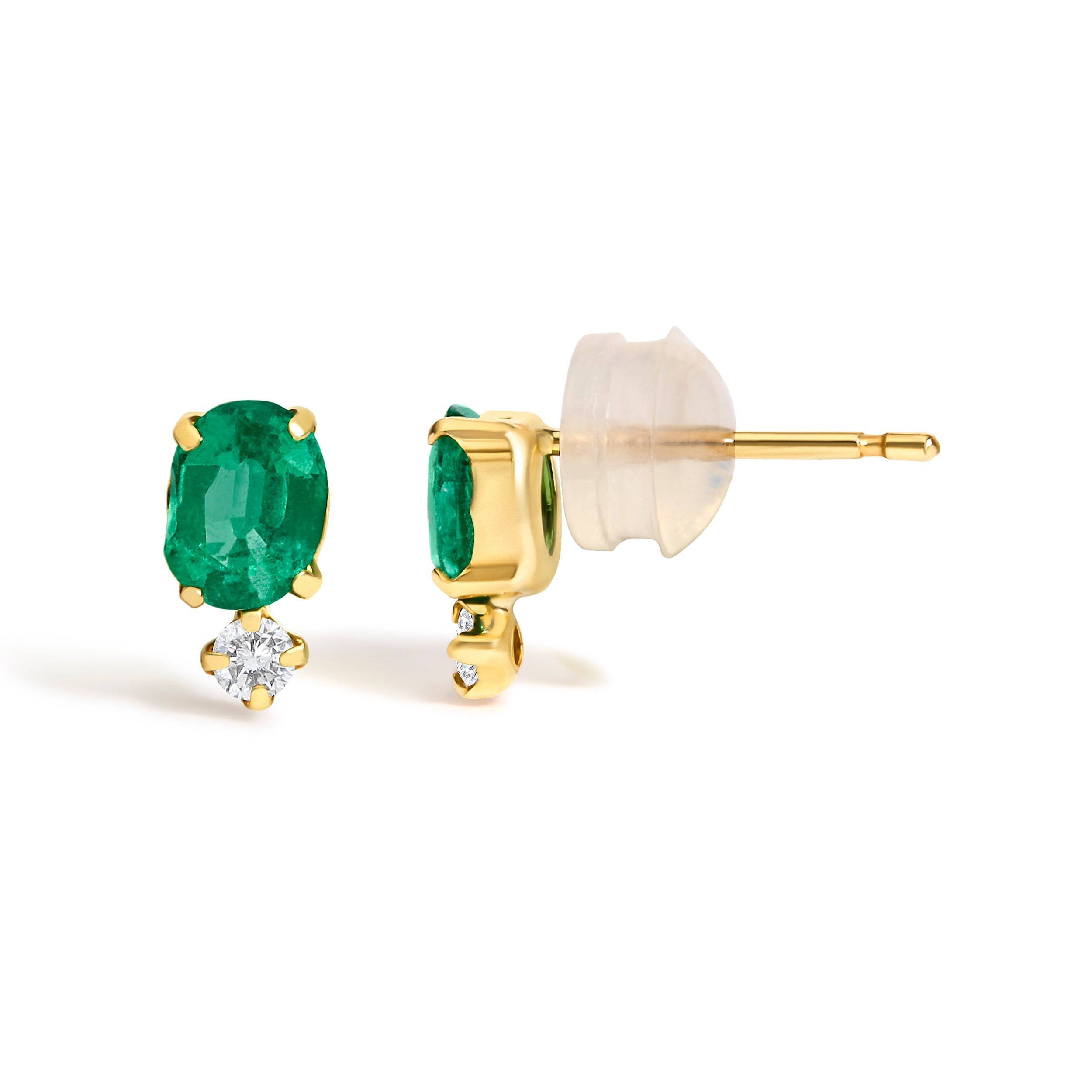 18K Yellow Gold Oval Green Emerald and Diamond Double Drop Stud Earrings DestGlow
