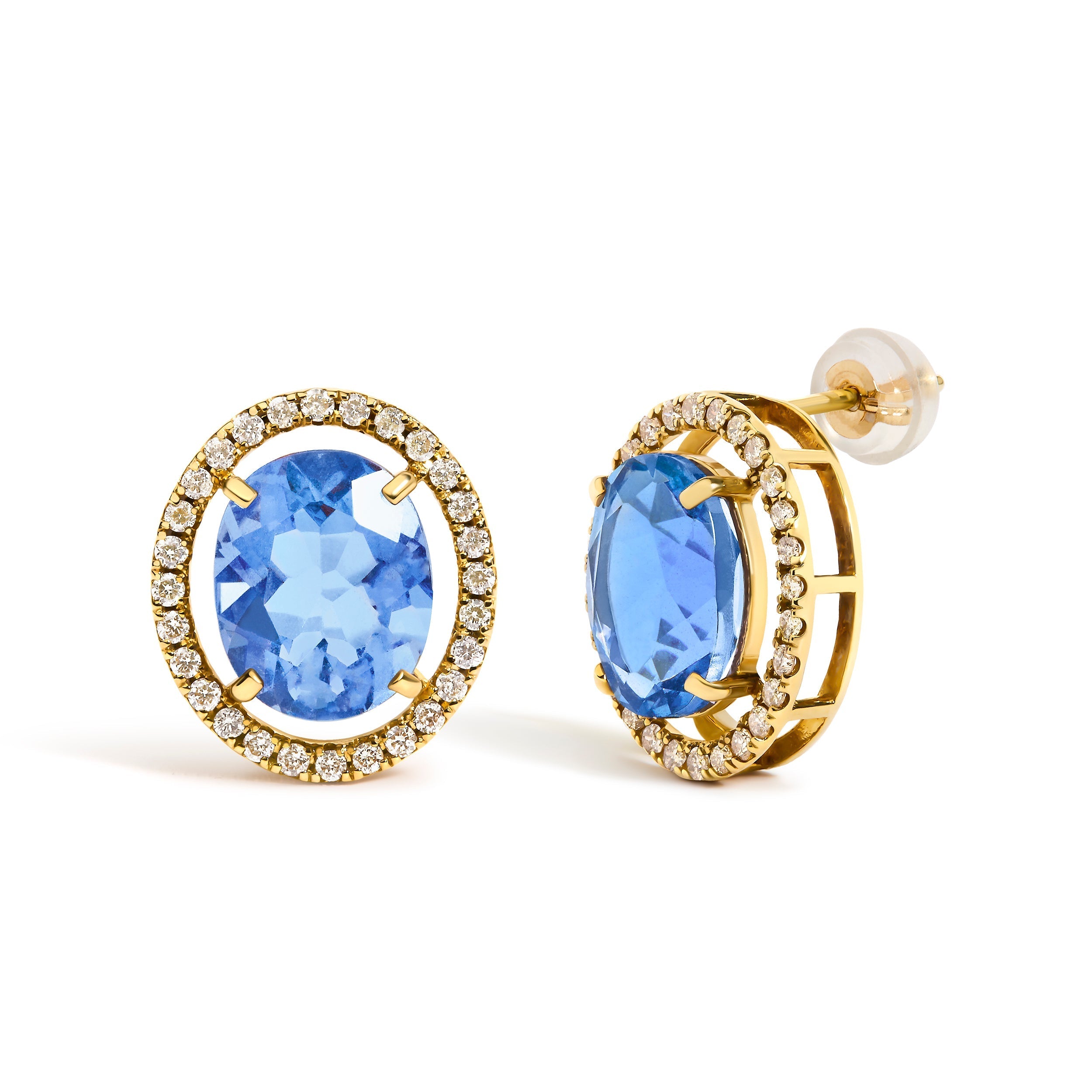 18K Yellow Gold 8X10 MM Blue Fluorite Oval and 1/2 Cttw Diamond Halo Stud Earrings DestGlow
