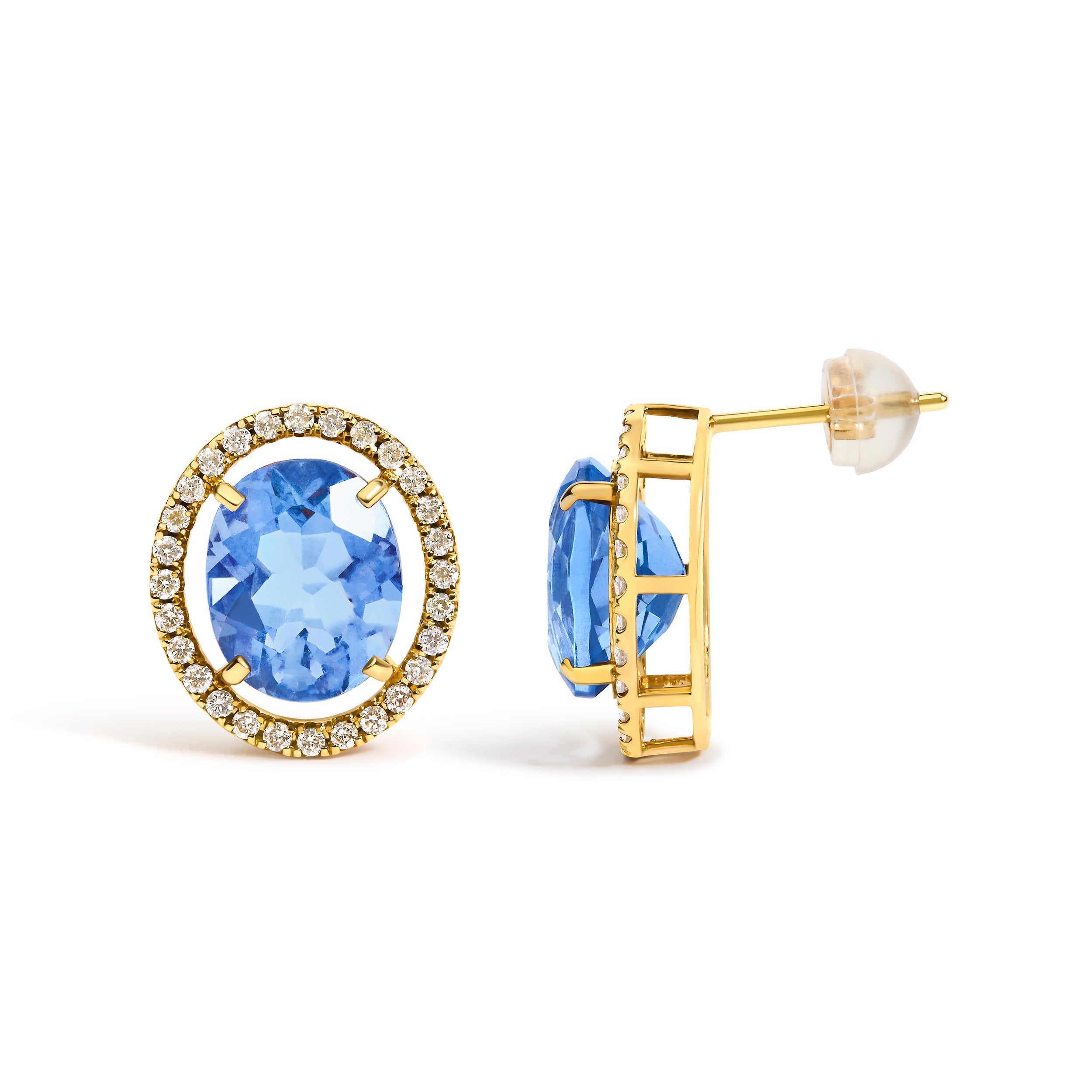 18K Yellow Gold 8X10 MM Blue Fluorite Oval and 1/2 Cttw Diamond Halo Stud Earrings DestGlow