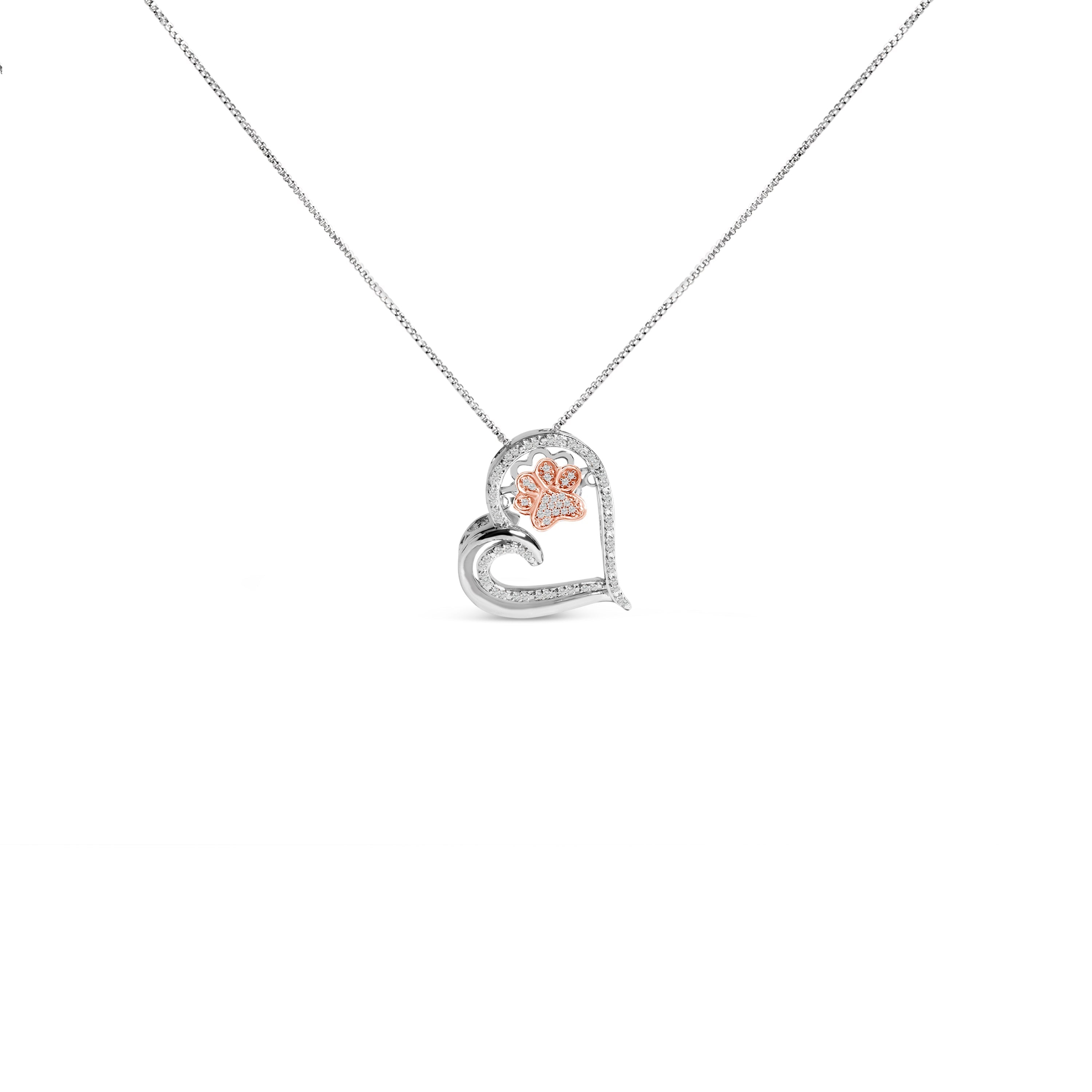 14K Rose Gold Plated Sterling Silver 1/10 Cttw Diamond Paw & Heart Pendant Necklace DestGlow