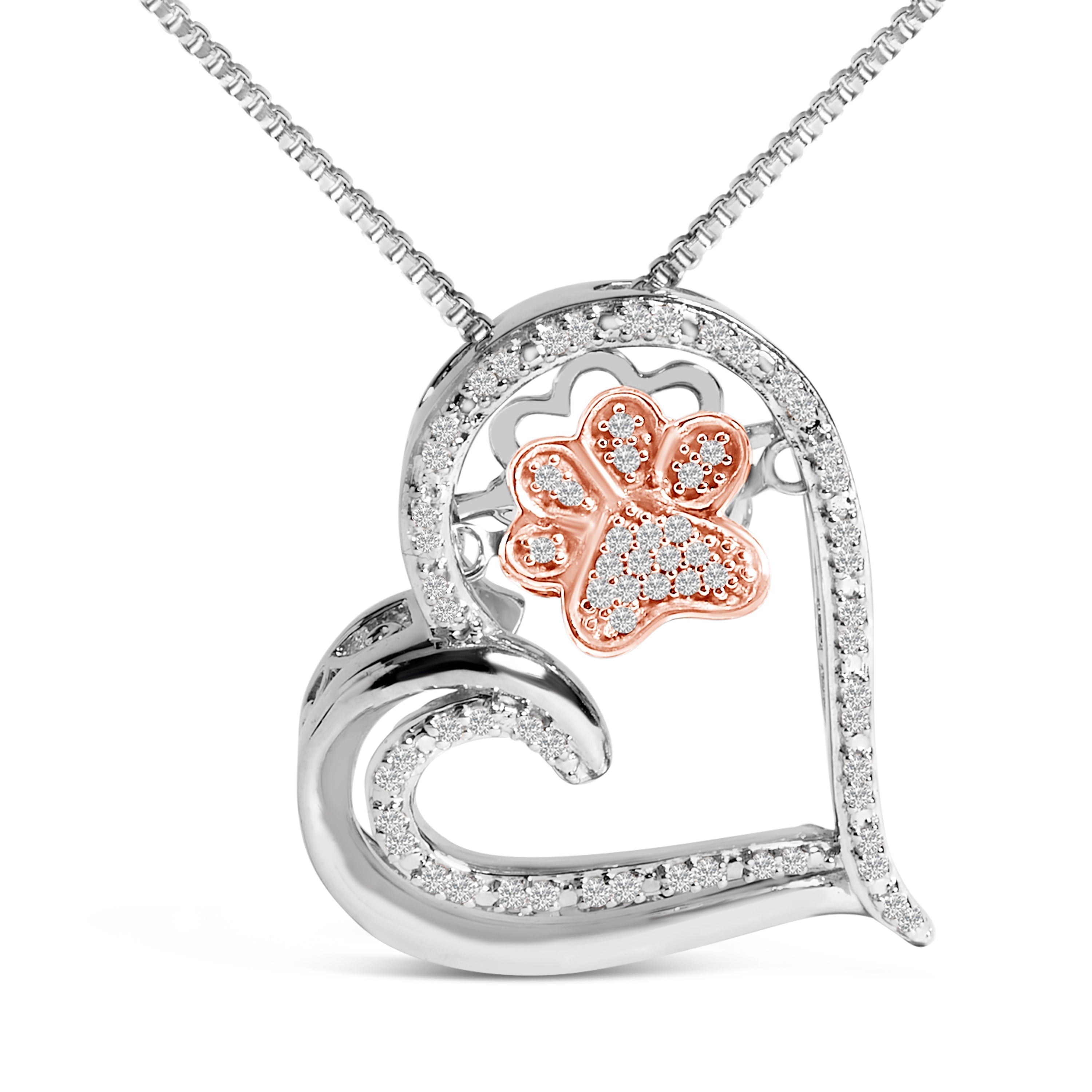 14K Rose Gold Plated Sterling Silver 1/10 Cttw Diamond Paw & Heart Pendant Necklace DestGlow