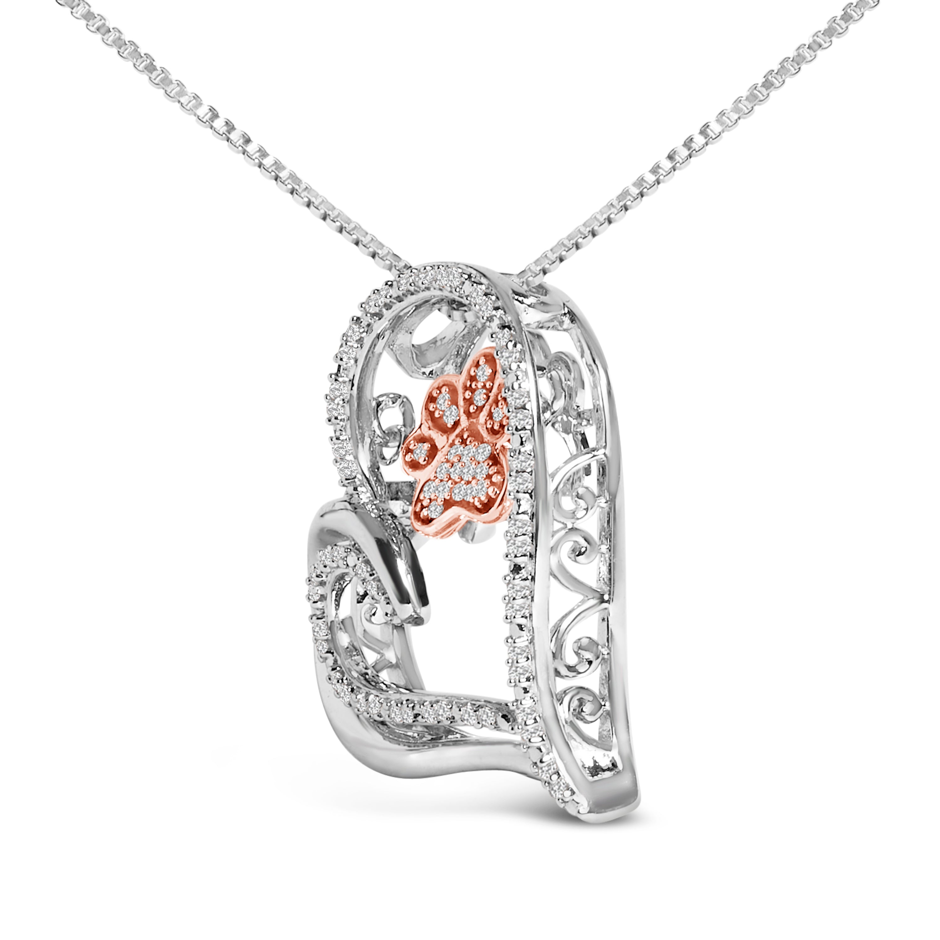 14K Rose Gold Plated Sterling Silver 1/10 Cttw Diamond Paw & Heart Pendant Necklace DestGlow