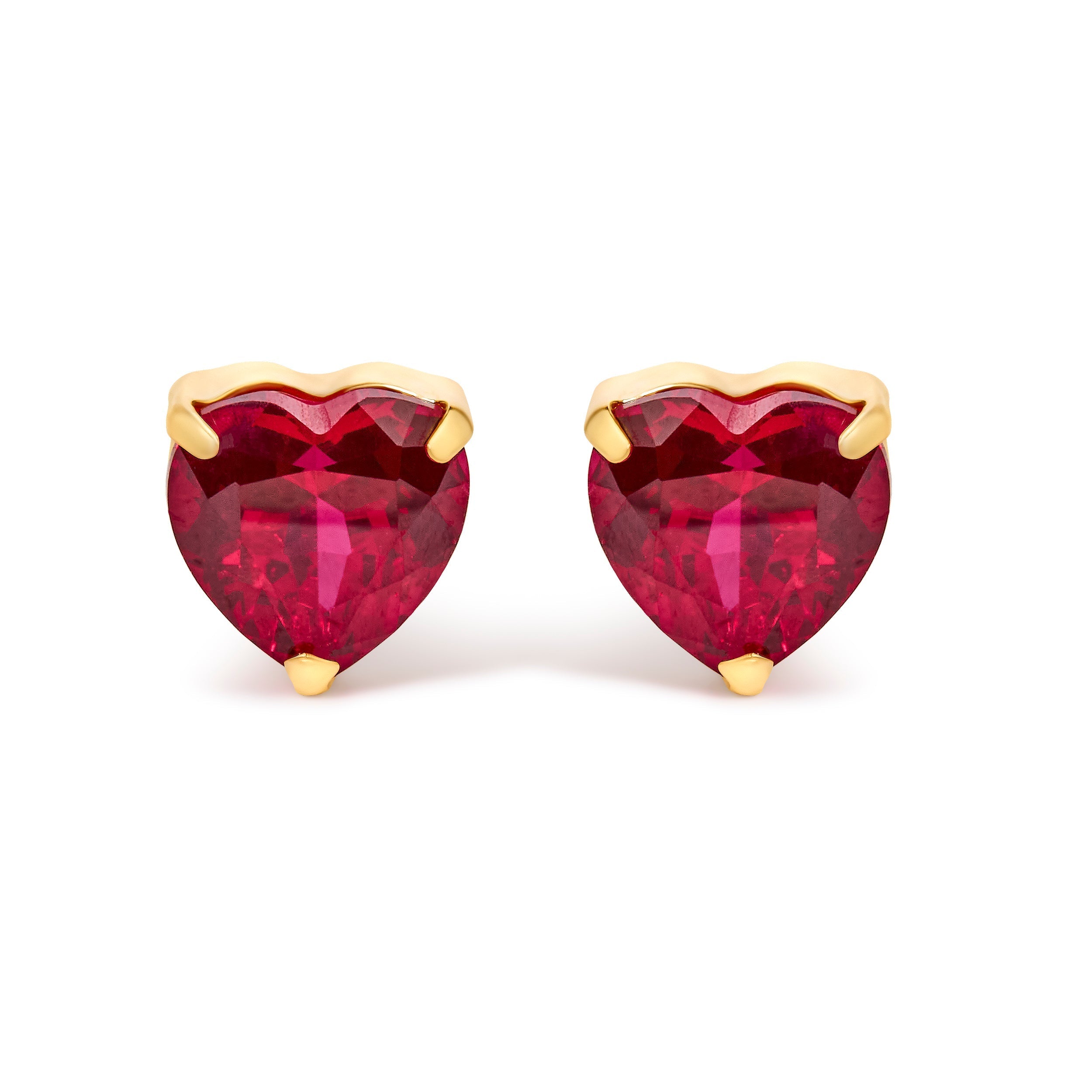 18K Yellow Gold 6x6 MM Created Red Ruby Heart Solitaire Stud Earrings DestGlow