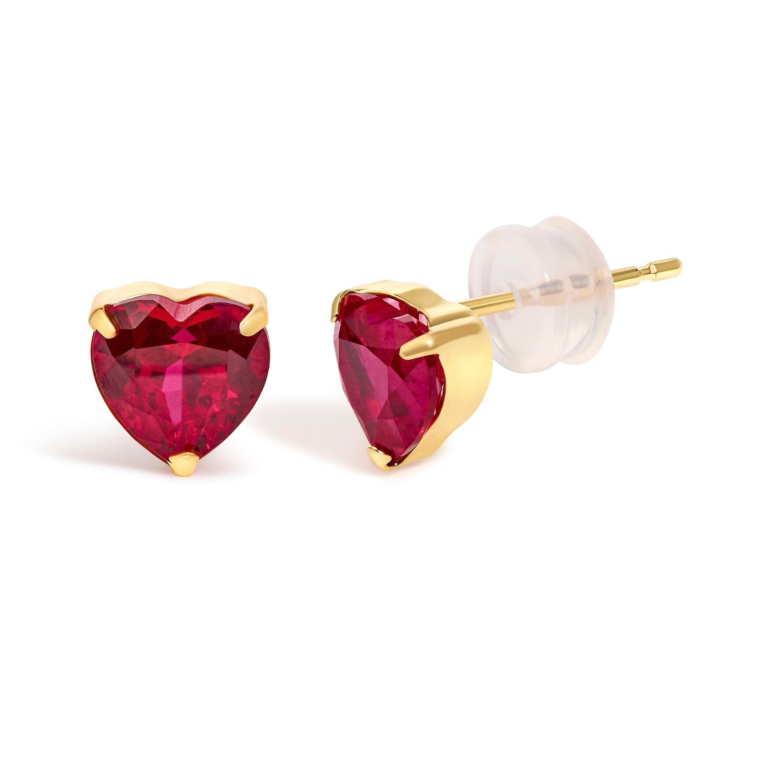 18K Yellow Gold 6x6 MM Created Red Ruby Heart Solitaire Stud Earrings DestGlow