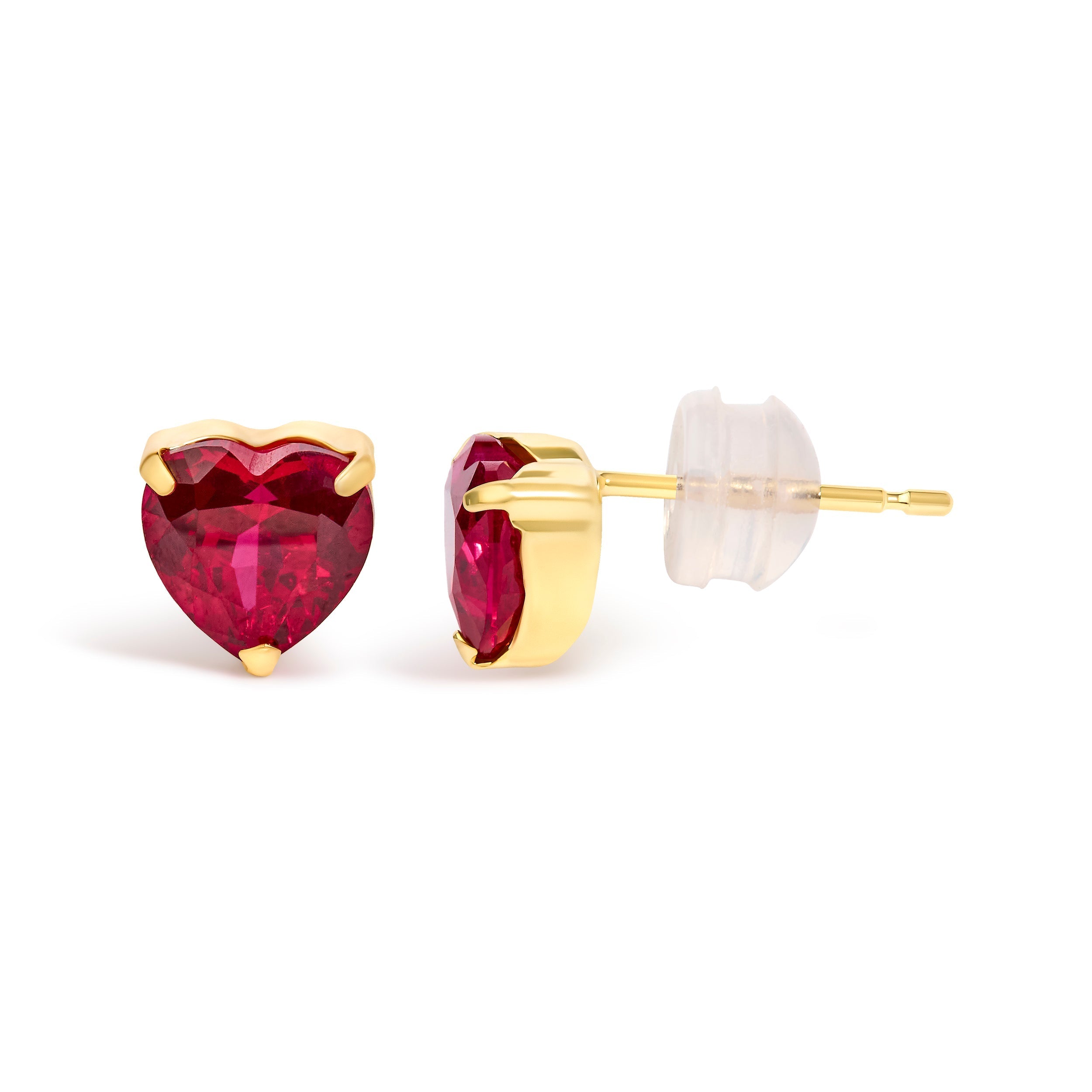 18K Yellow Gold 6x6 MM Created Red Ruby Heart Solitaire Stud Earrings DestGlow