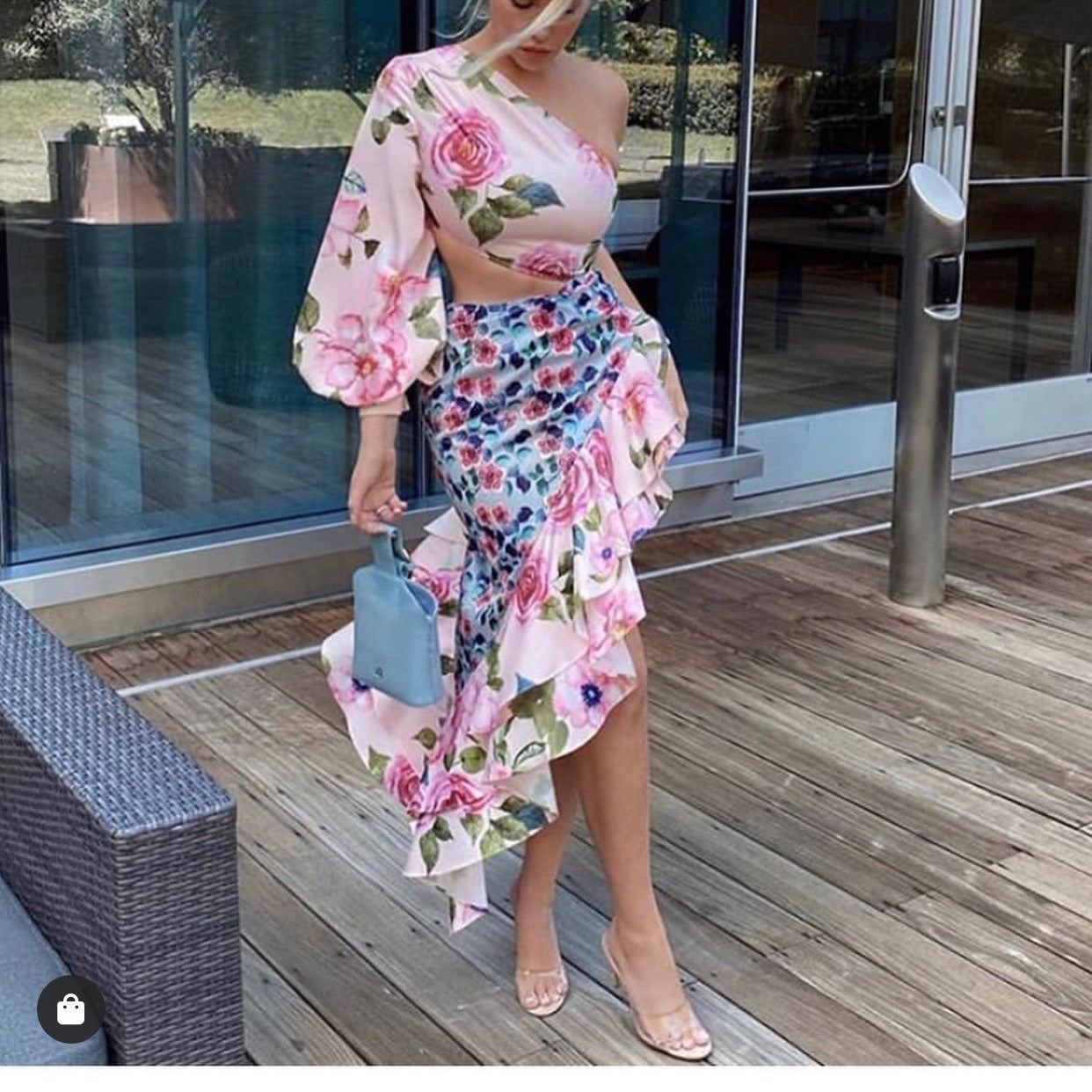 Summer Women Clothing Maxi Dress Asymmetric Tube Top Single Sleeve Waist Tight Floral Stitching Dress by Ragazza