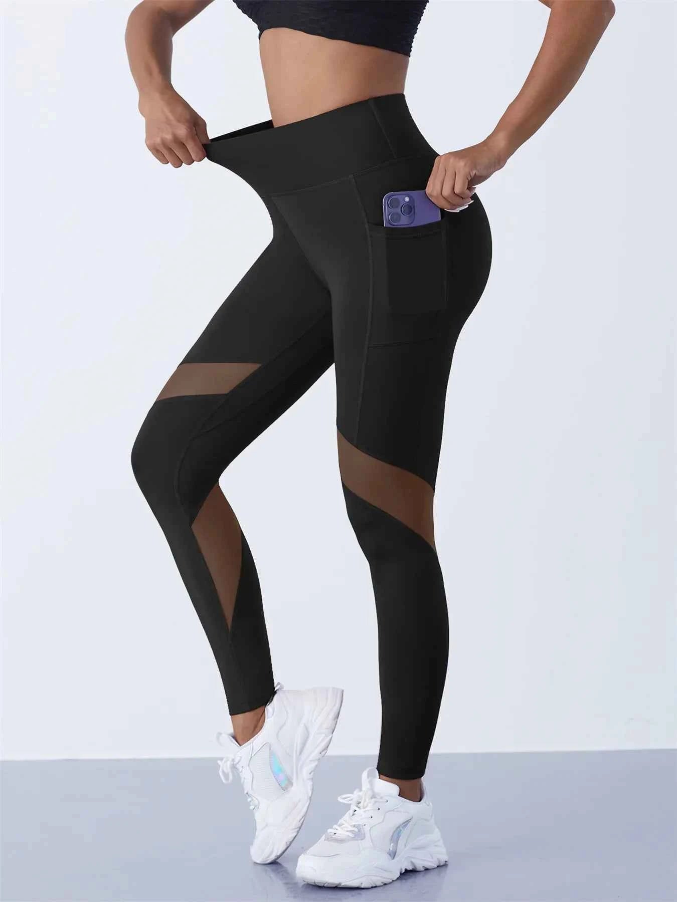 High-Waist Yoga Pants With See-through Tulle Splicing with Tummy Control - Clearance Sale