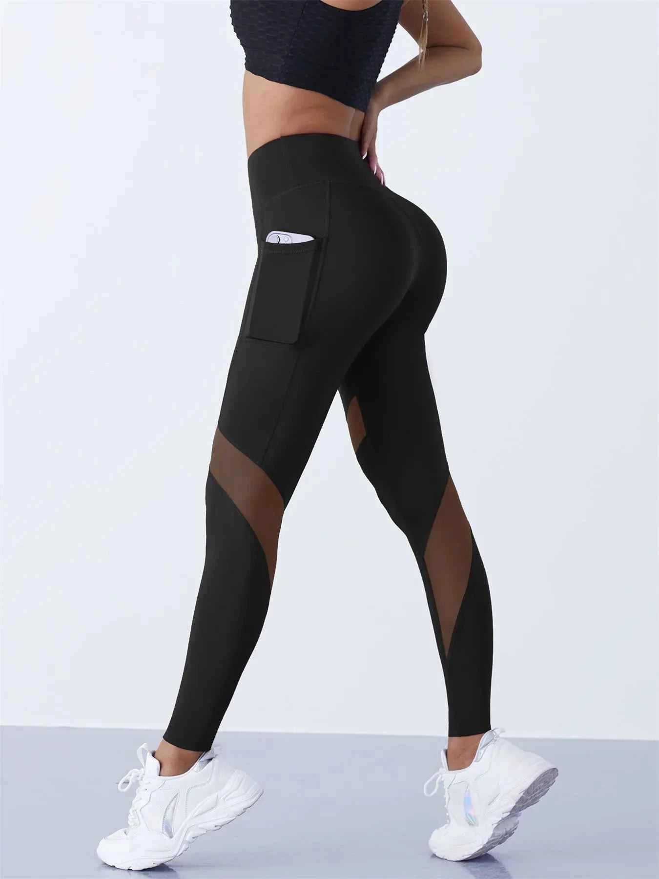 High-Waist Yoga Pants With See-through Tulle Splicing with Tummy Control - Clearance Sale