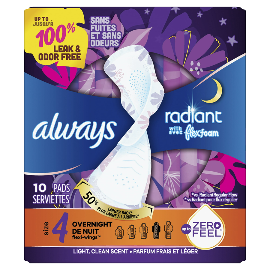 Always Radiant Pads, With Flex Foam, Overnight, Light, Clean Scent, Size 4 by Pasteur Pharmacy