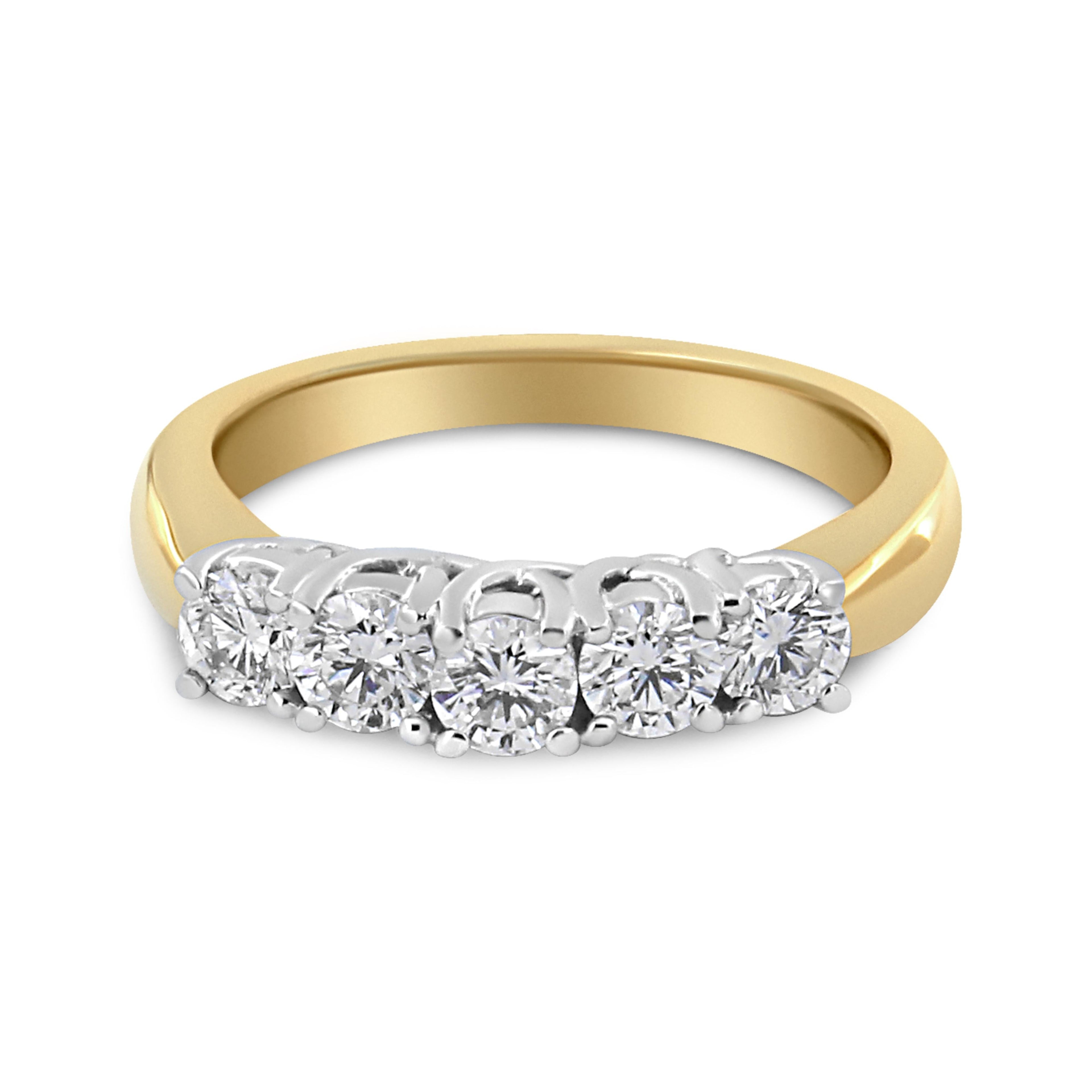 18K Yellow Gold 1.0 Cttw 4 Prong Set Round Cut Diamond Step up 5 Stone Ring Band (F-G Color, SI1-SI2 Clarity) - Size 6 by Bids.com
